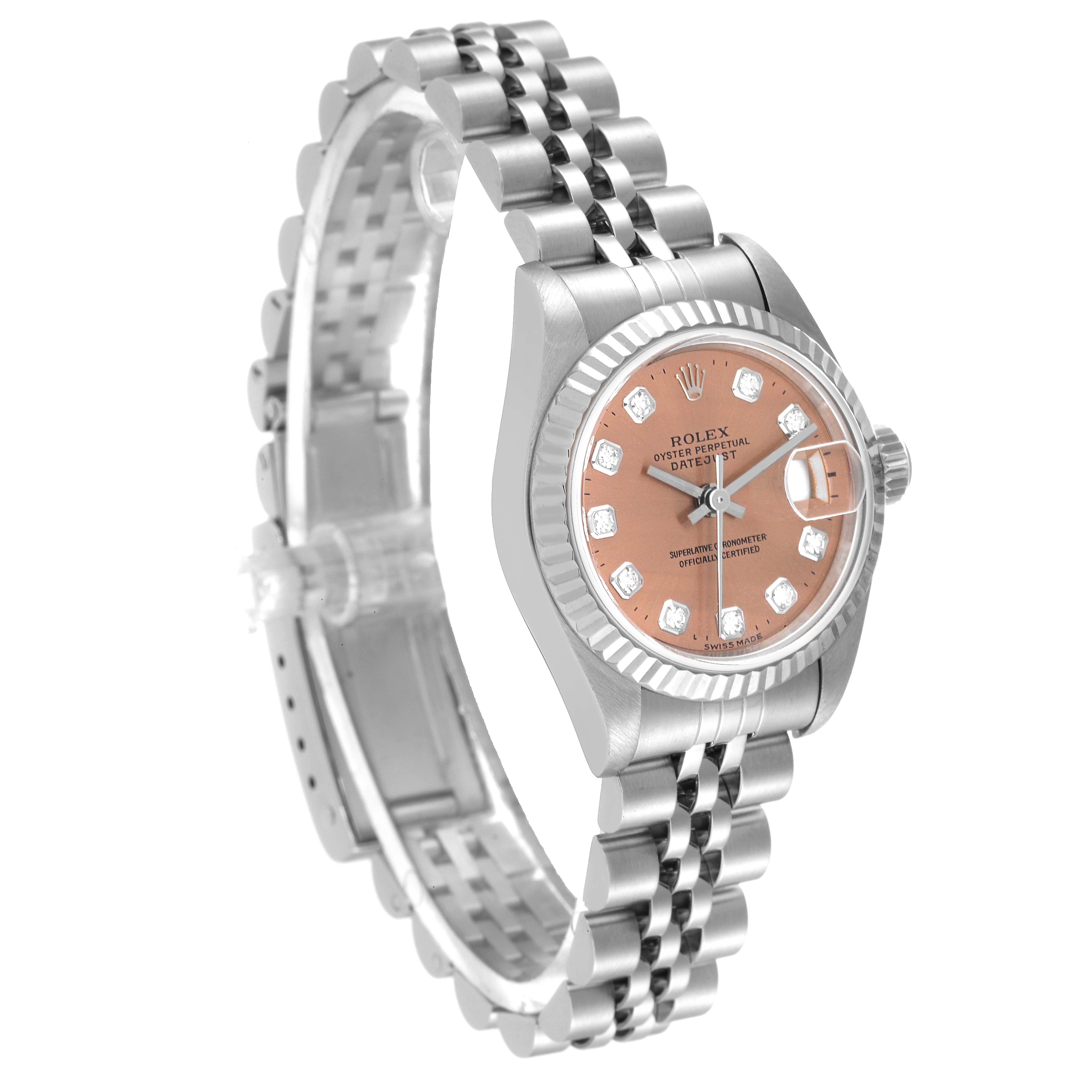 The image shows a side angle of the Rolex Datejust 69174 Women's Stainless Steel Pink Dial 69174 Women's Stainless Steel Pink Dial watch, highlighting its jubilee bracelet and diamond-set dial.