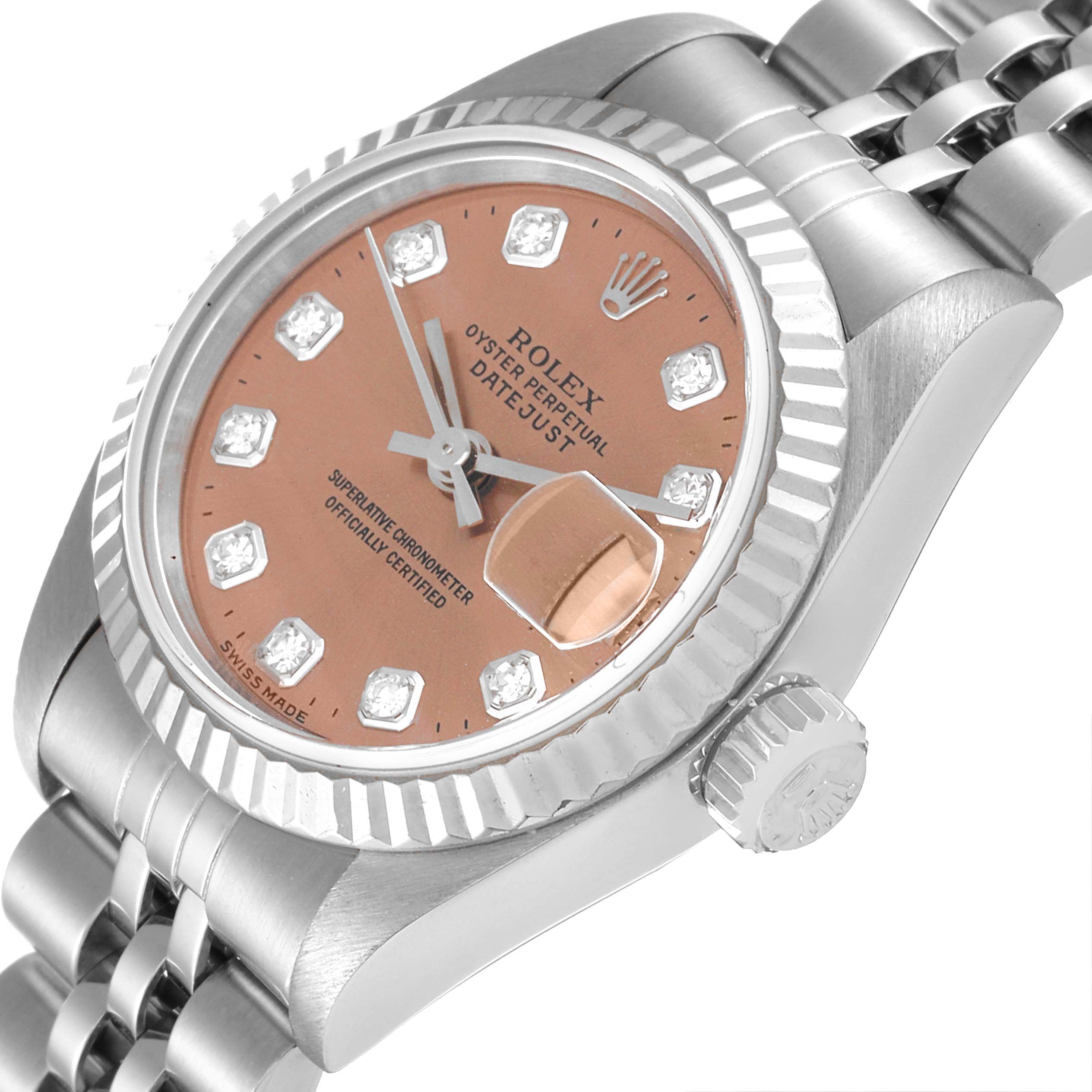 The image shows a close-up angle of the Rolex Datejust 69174 Women's Stainless Steel Pink Dial 69174 Women's Stainless Steel Pink Dial watch, highlighting the face, bezel, crown, and part of the bracelet.