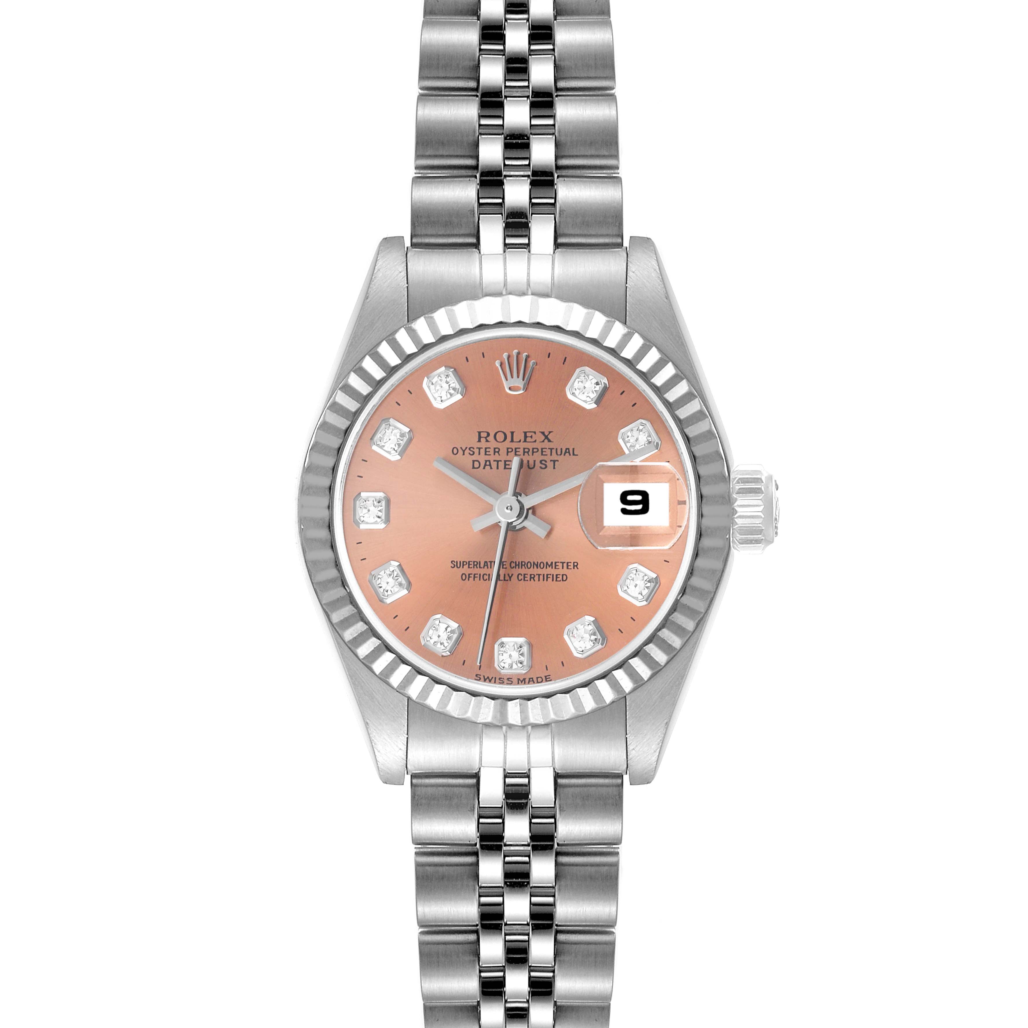The image shows a front view of a Rolex Datejust 69174 Women's Stainless Steel Pink Dial 69174 Women's Stainless Steel Pink Dial watch, displaying the watch face, date window, and a portion of the bracelet.