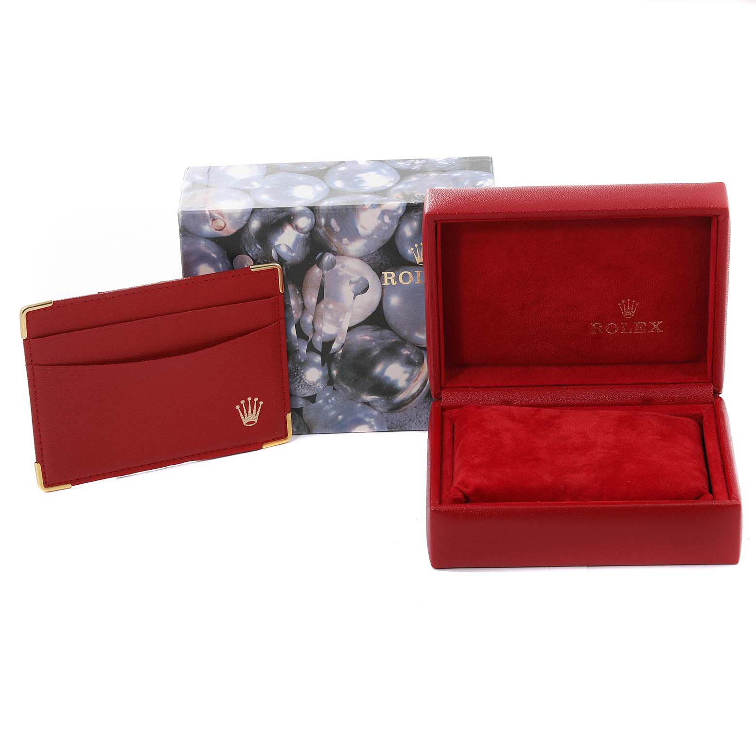 The image shows the box, card holder, and packaging for a Rolex Datejust 69174 Women's Stainless Steel Pink Dial 69174 Women's Stainless Steel Pink Dial watch.