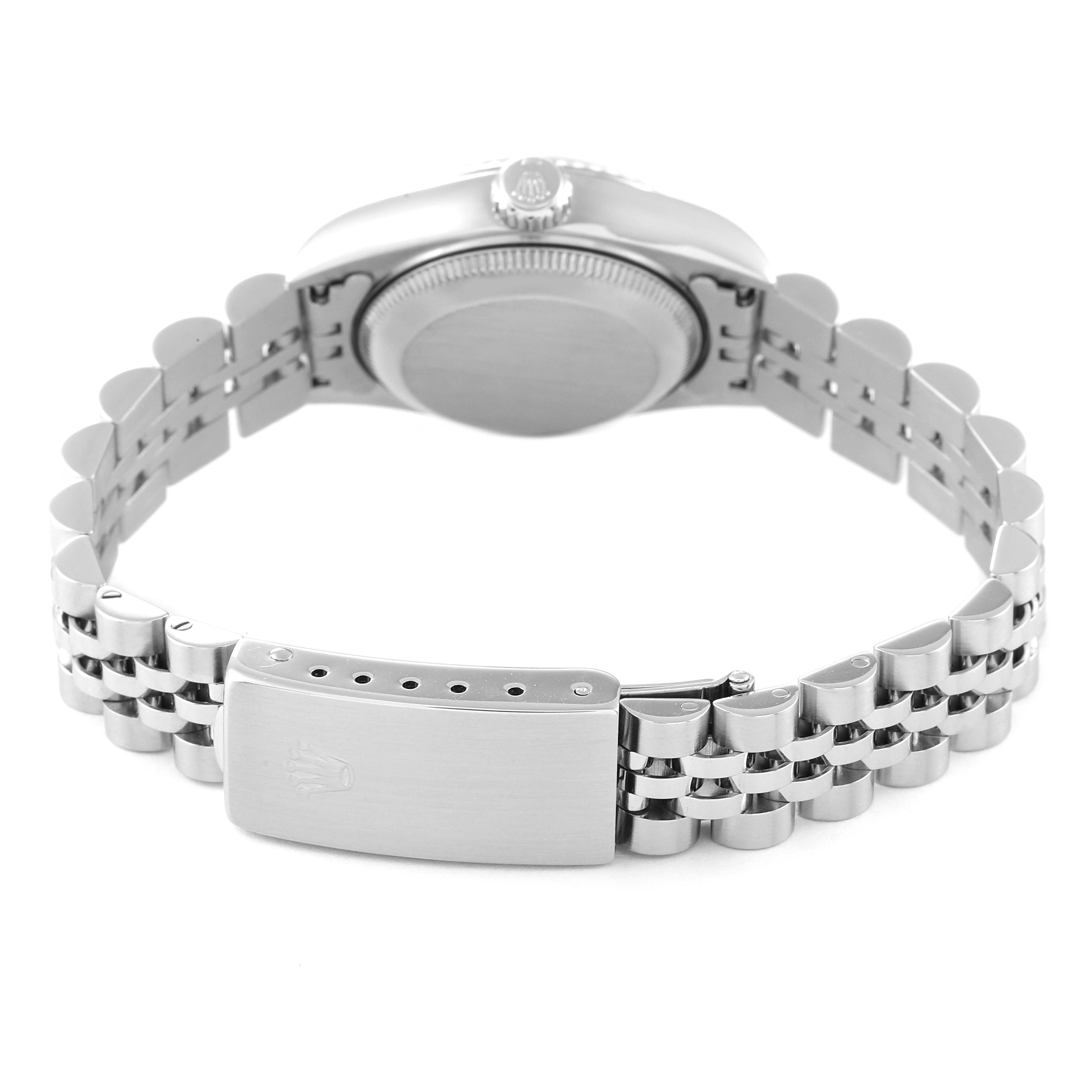 This image shows the back view of a Rolex Datejust 69174 Women's Stainless Steel Pink Dial 69174 Women's Stainless Steel Pink Dial watch, focusing on the case back, bracelet, and clasp.