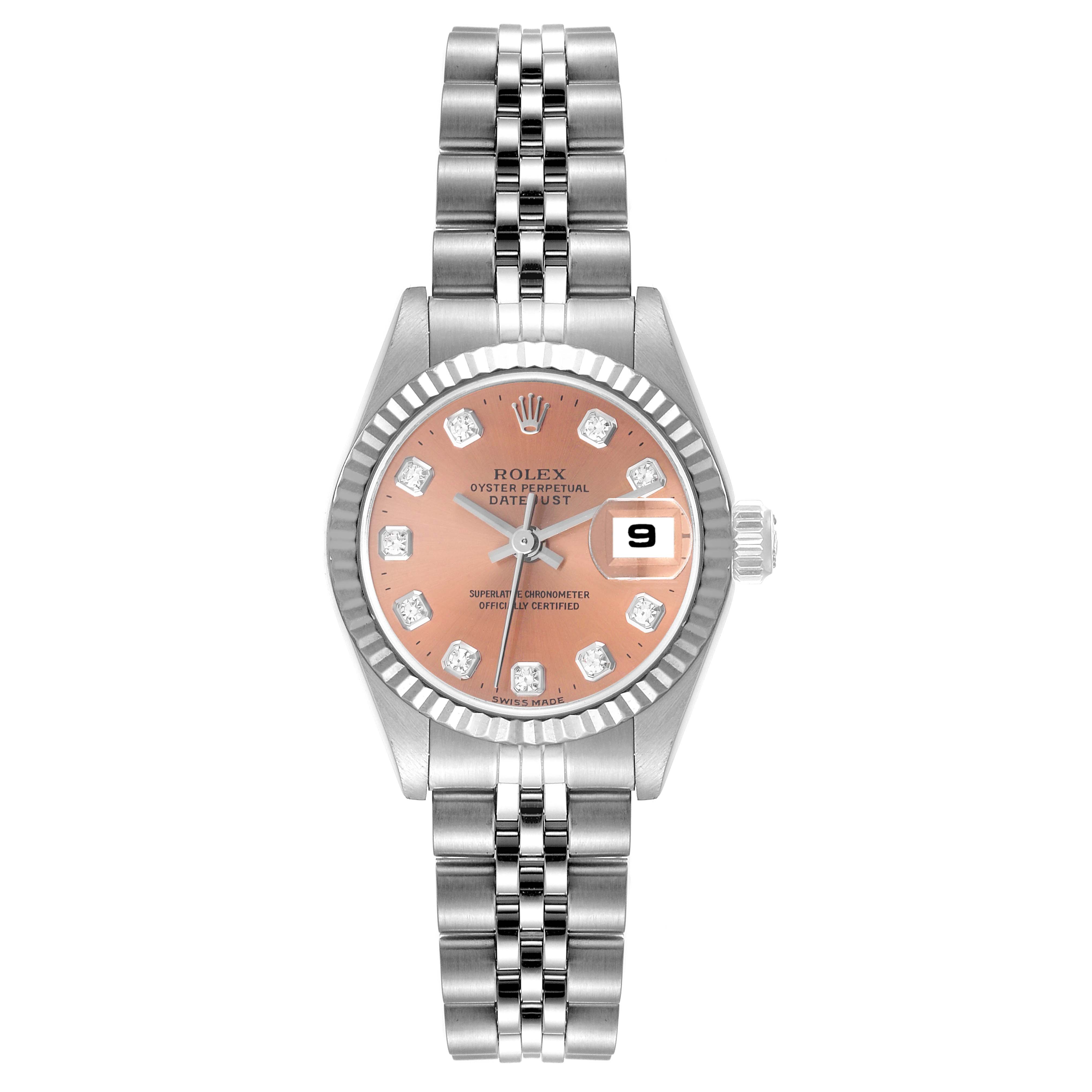 The Rolex Datejust 69174 Women's Stainless Steel Pink Dial 69174 Women's Stainless Steel Pink Dial watch is shown from a top view, highlighting its dial, bracelet, crown, and date display.