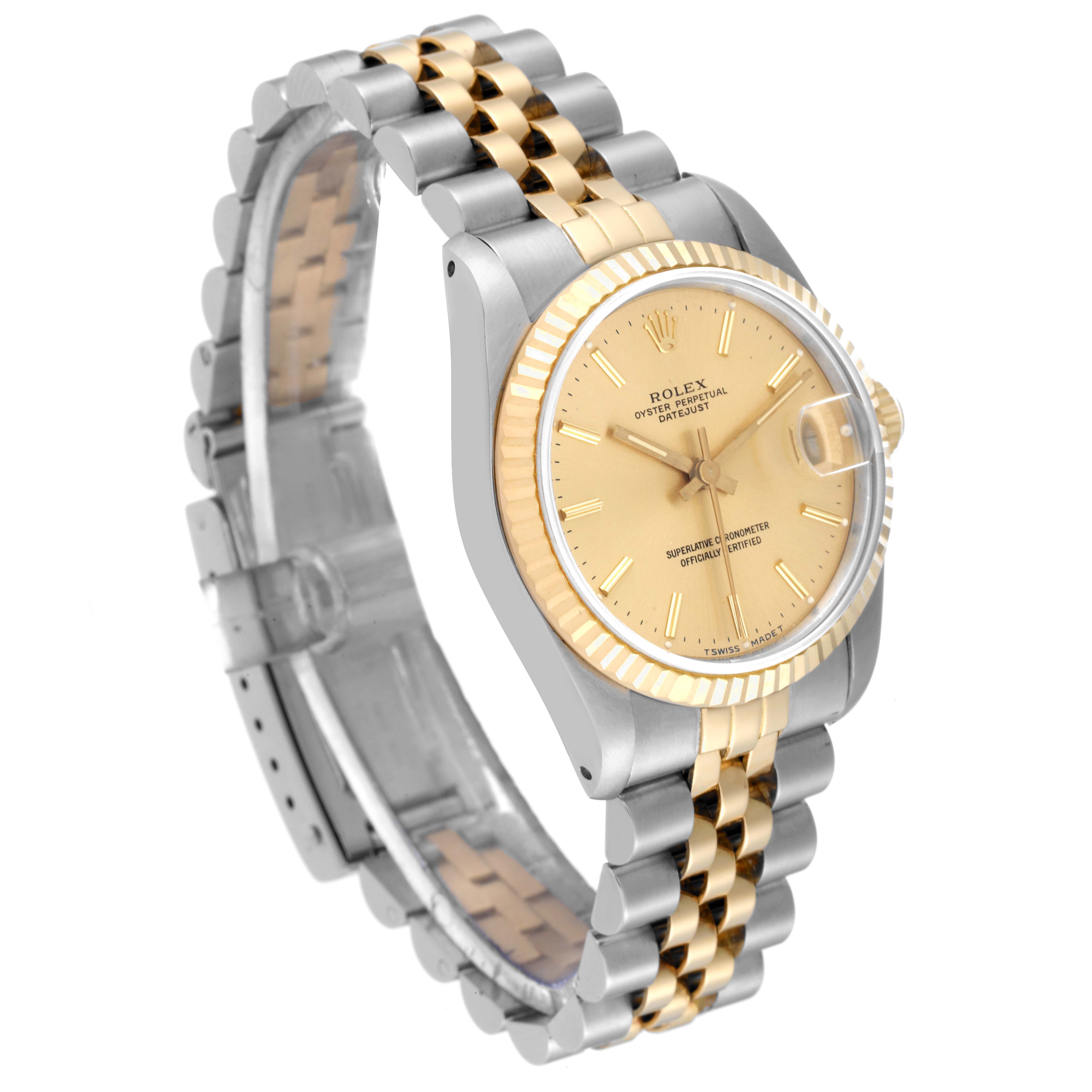 This image shows a side and face view of a Mid-Size Rolex watch with a two-tone bracelet and a gold dial.