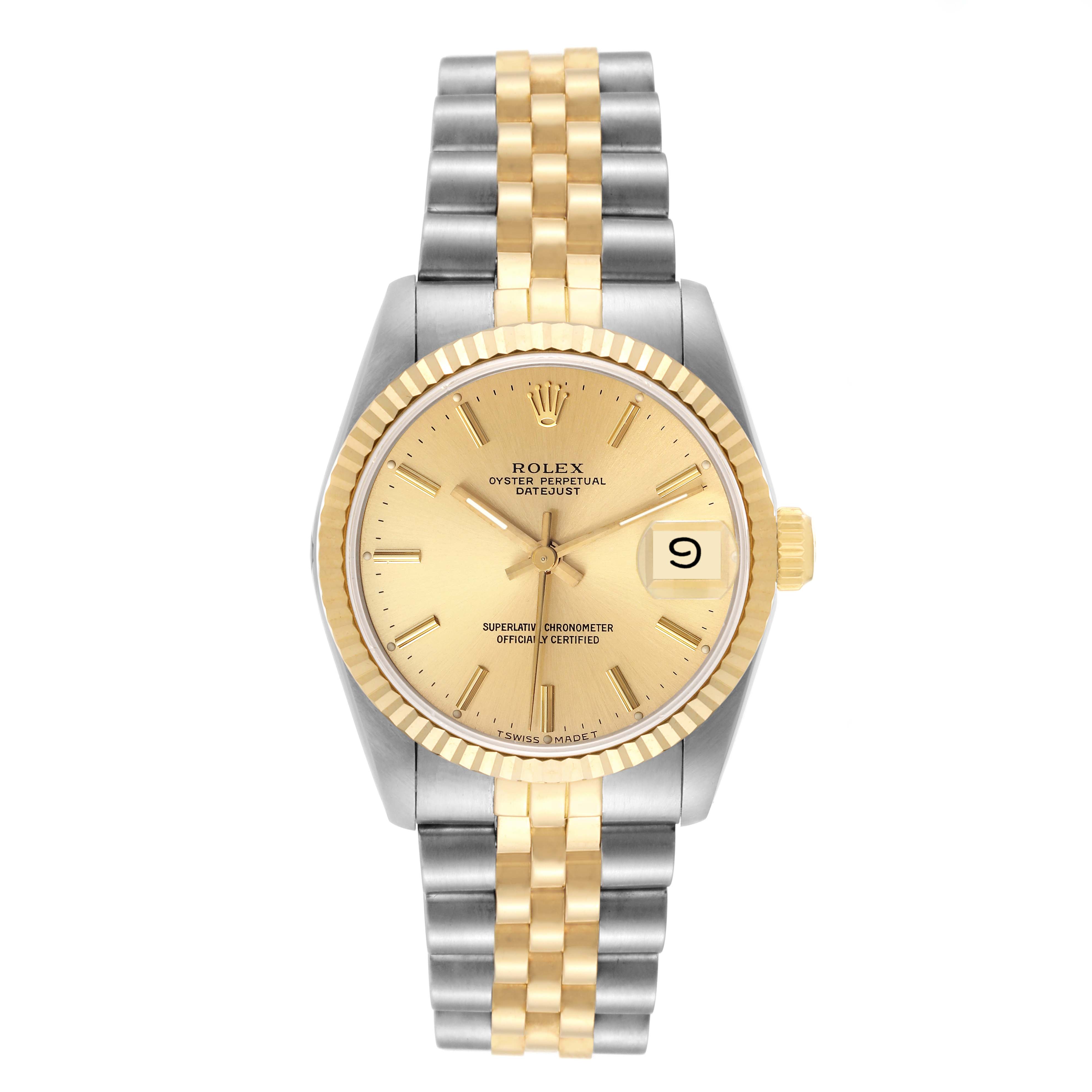 The image shows a front view of a Rolex Oyster Perpetual Datejust Mid-Size model, featuring its dial, bezel, and bracelet.