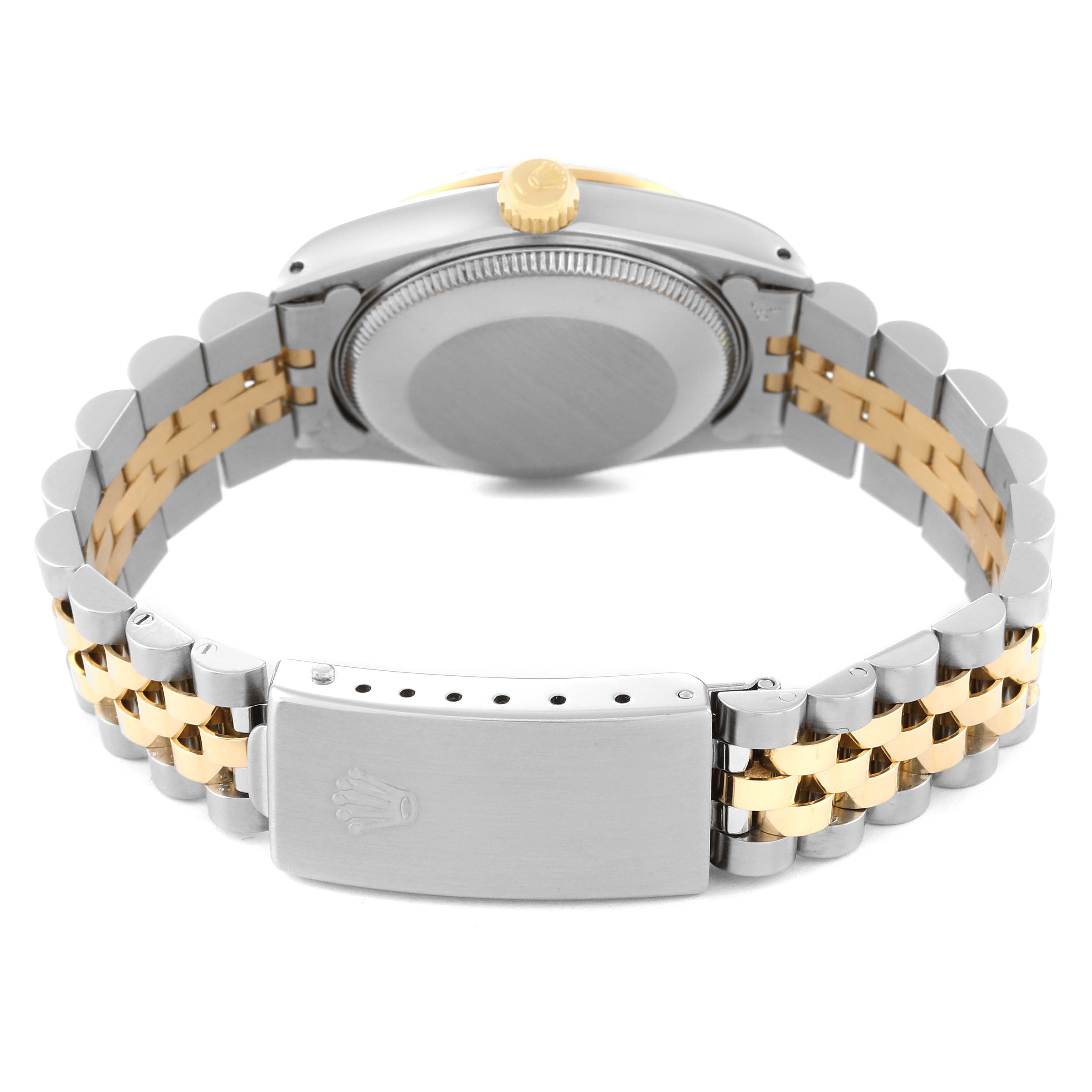 This image shows the back view of a Mid-Size Rolex watch, focusing on the caseback, crown, and jubilee bracelet with a clasp.