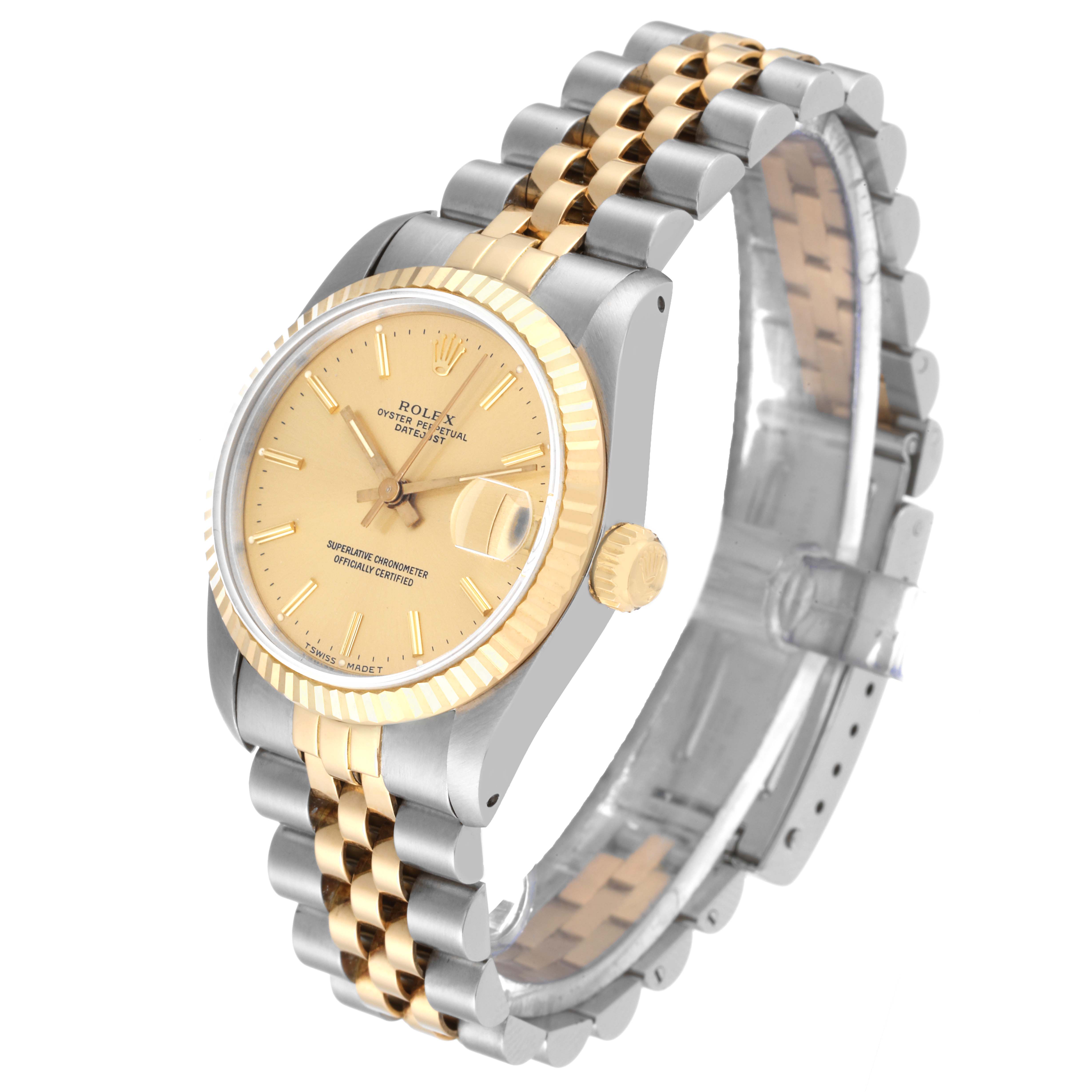 This image displays a side view of a Mid-Size Rolex Oyster Perpetual Datejust watch, showing the case, bracelet, dial, and crown.