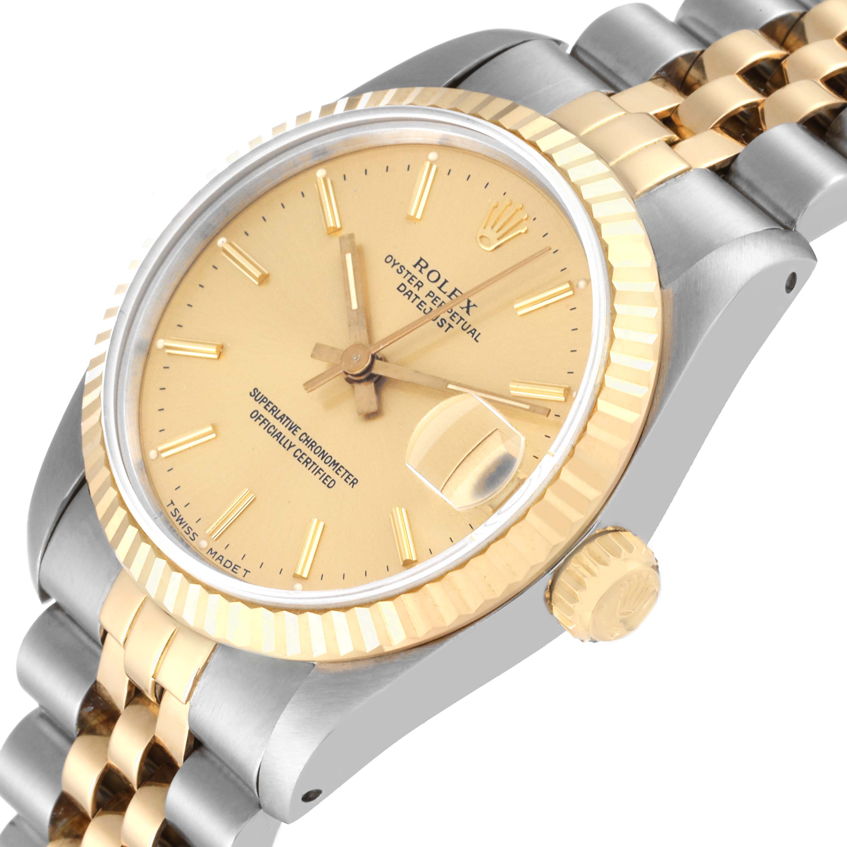 The image shows a Rolex Oyster Perpetual Datejust Mid-Size watch at a three-quarter angle, highlighting the dial, bezel, crown, and bracelet.