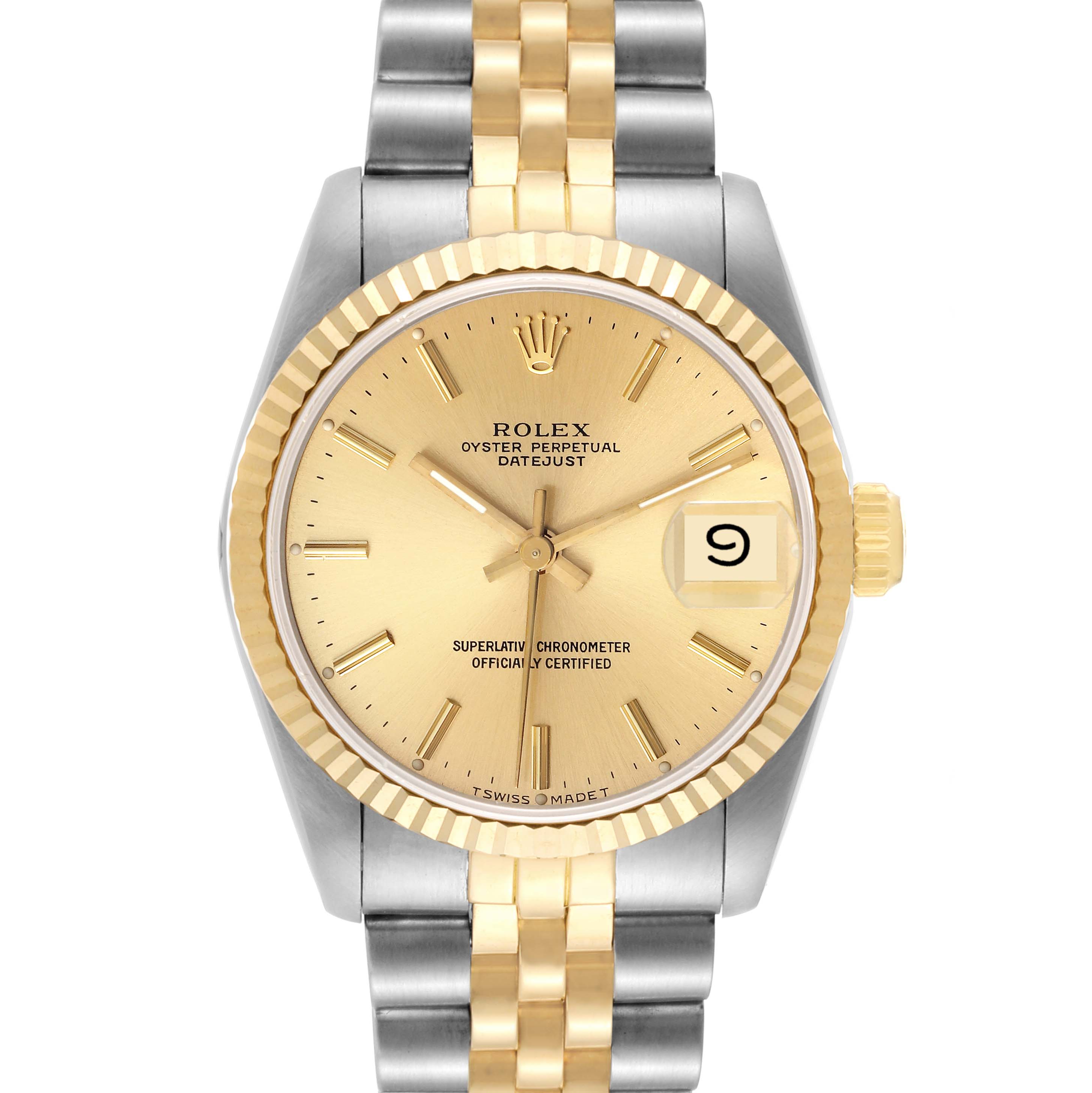 This image shows a front view of a mid-size Rolex Oyster Perpetual Datejust watch, displaying its face, bezel, and bracelet.