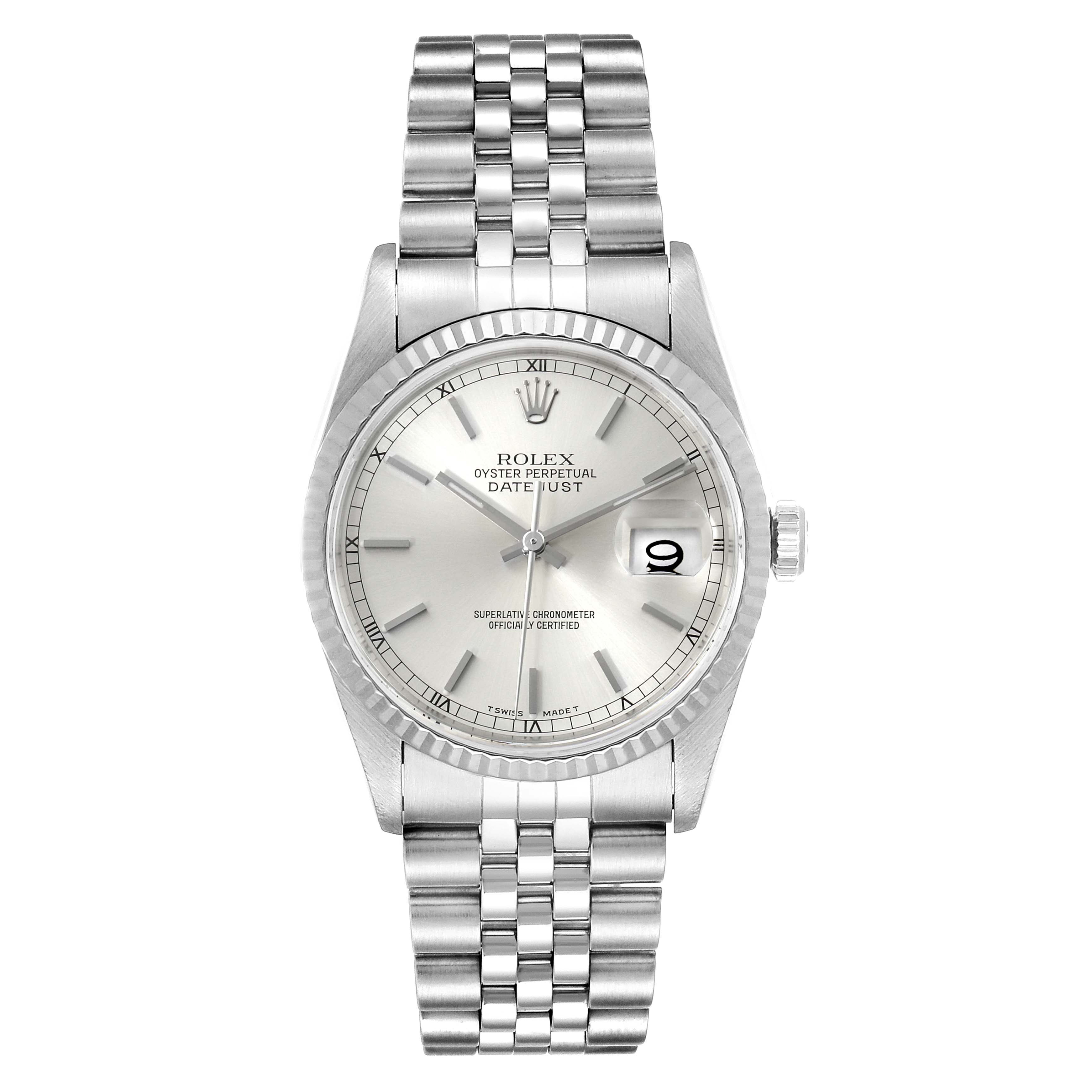 The image shows a Rolex Datejust 16234 Men's Stainless Steel Silver Dial 16234 Men's Stainless Steel Silver Dial watch from a front angle, displaying its face, bezel, and bracelet.