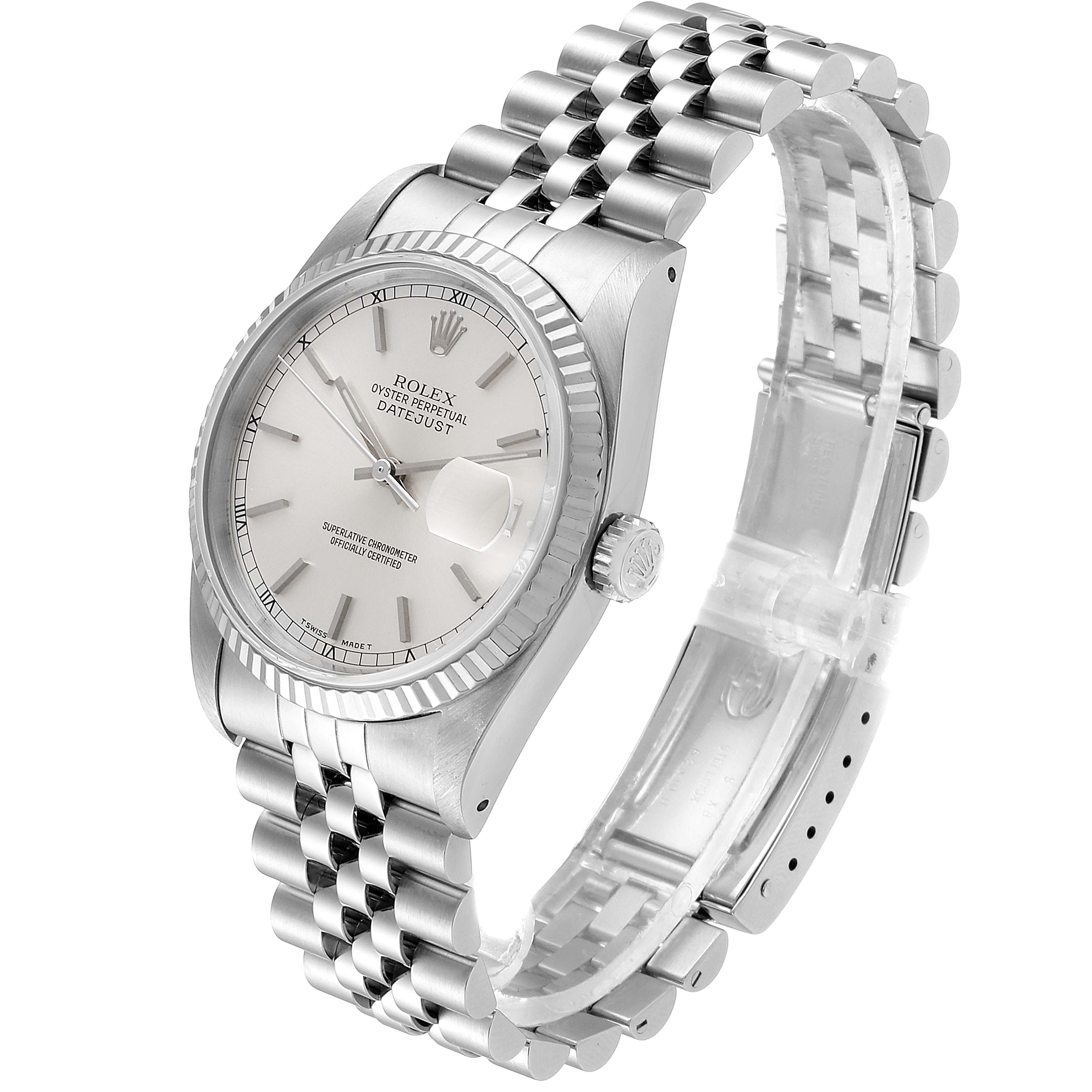 The image shows a Rolex Datejust 16234 Men's Stainless Steel Silver Dial 16234 Men's Stainless Steel Silver Dial watch at a slight angle, highlighting the face, fluted bezel, crown, and Jubilee bracelet.