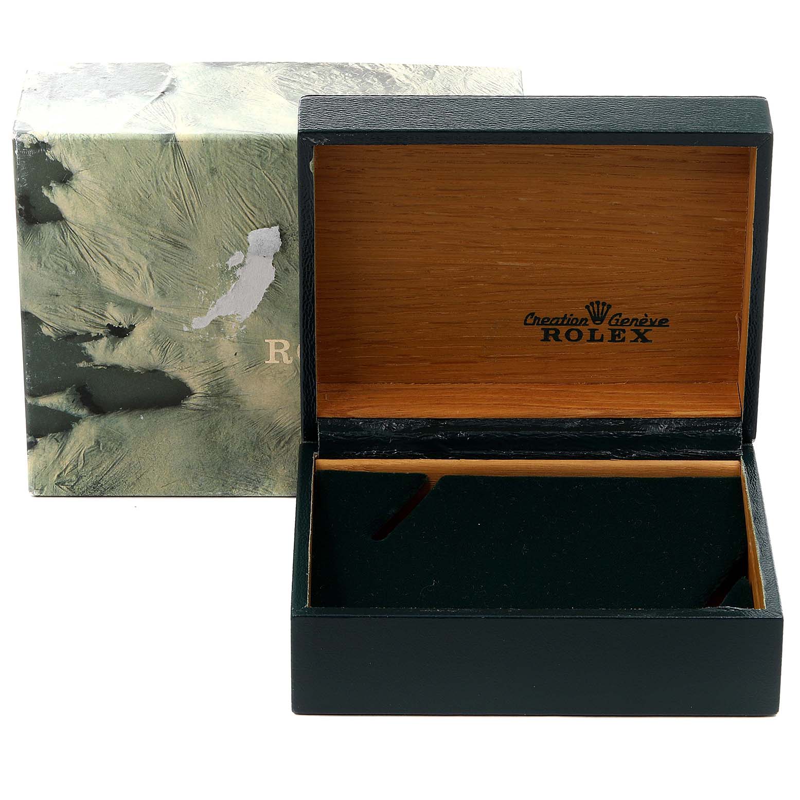 This image shows an open black and wooden Rolex Datejust 16234 Men's Stainless Steel Silver Dial 16234 Men's Stainless Steel Silver Dial watch box with the brand's logo, along with its outer packaging.