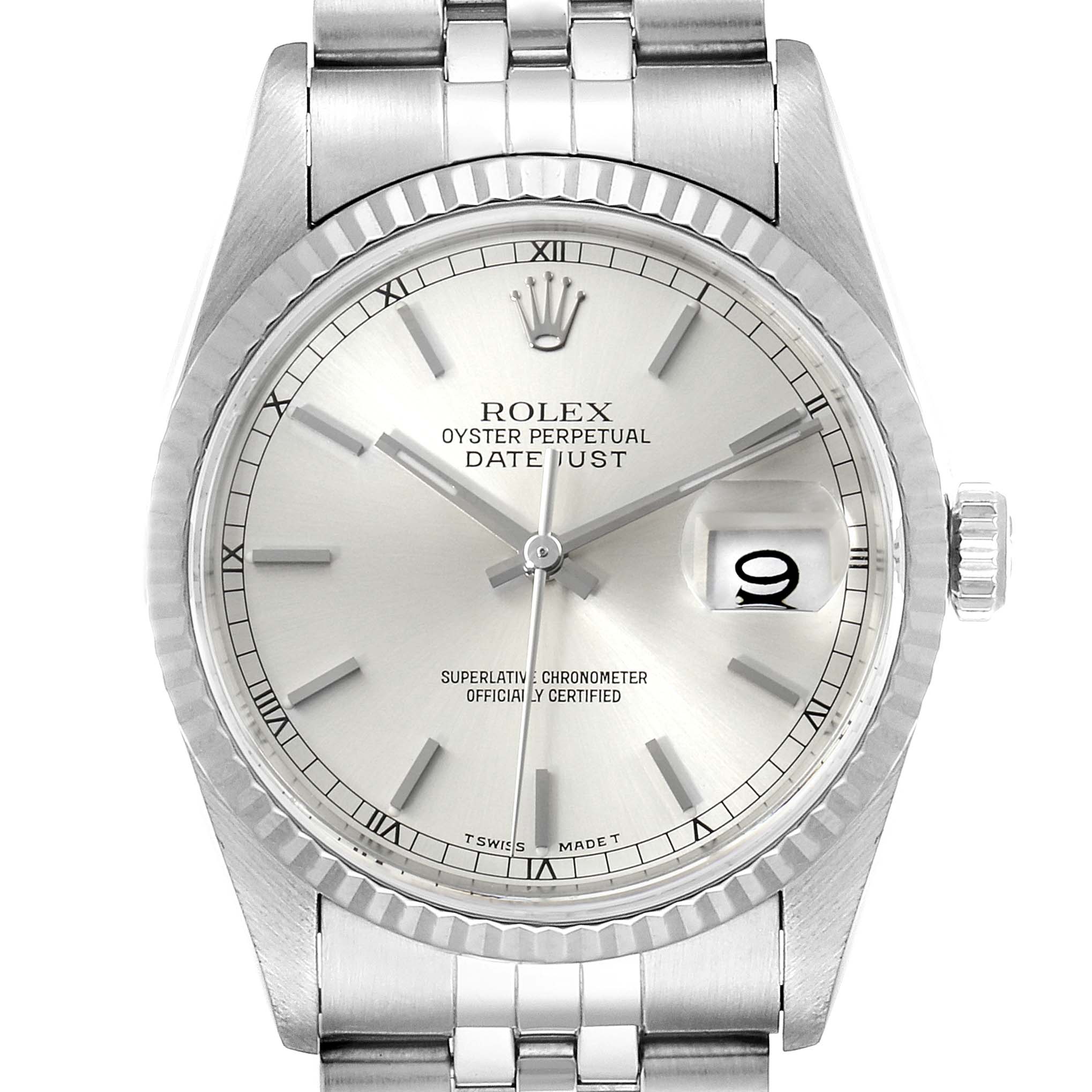 This image shows a front view of the Rolex Datejust 16234 Men's Stainless Steel Silver Dial 16234 Men's Stainless Steel Silver Dial watch, displaying the dial, bezel, crown, and part of the bracelet.