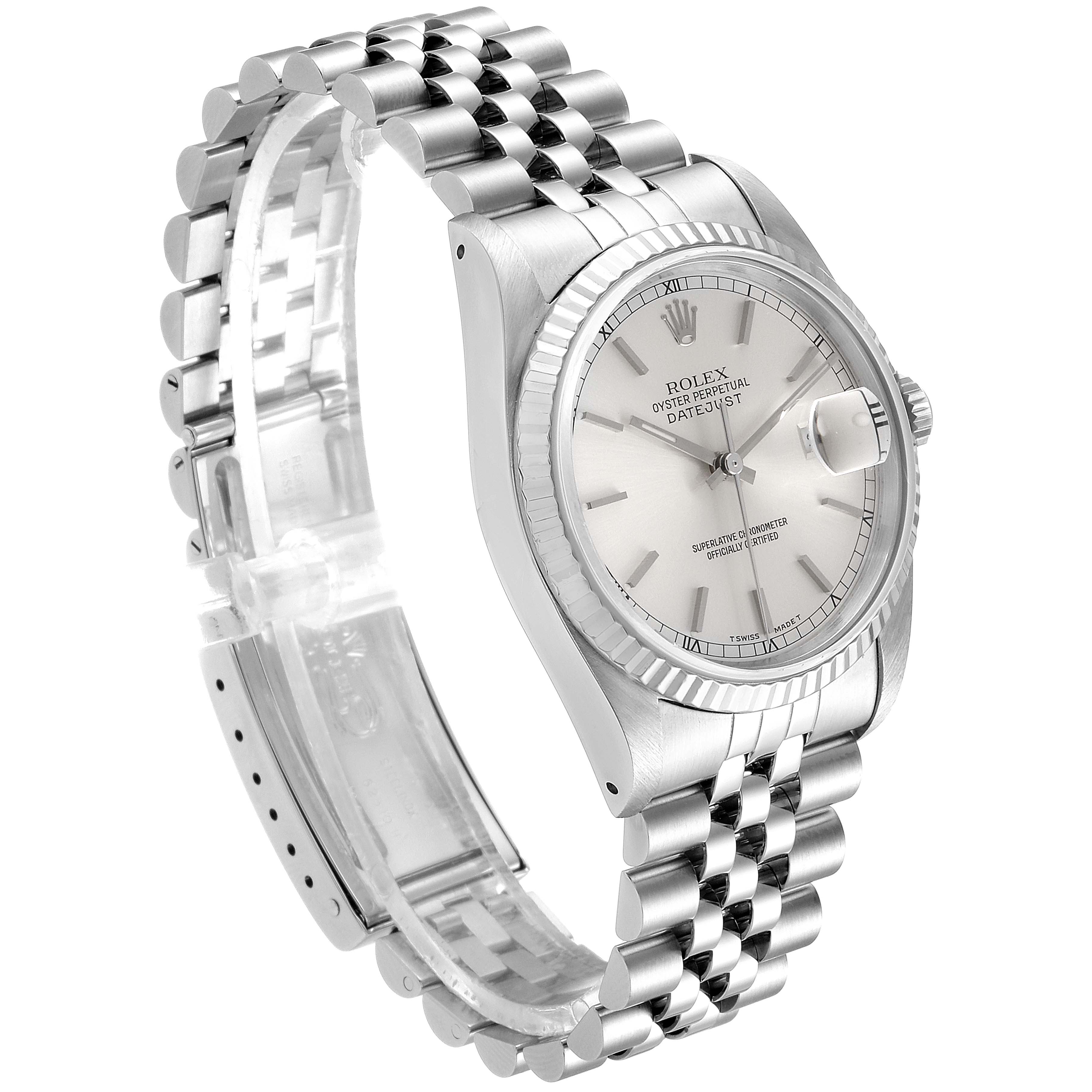 This image shows a Rolex Datejust 16234 Men's Stainless Steel Silver Dial 16234 Men's Stainless Steel Silver Dial watch angled from the front left, revealing its case, bracelet, and dial.