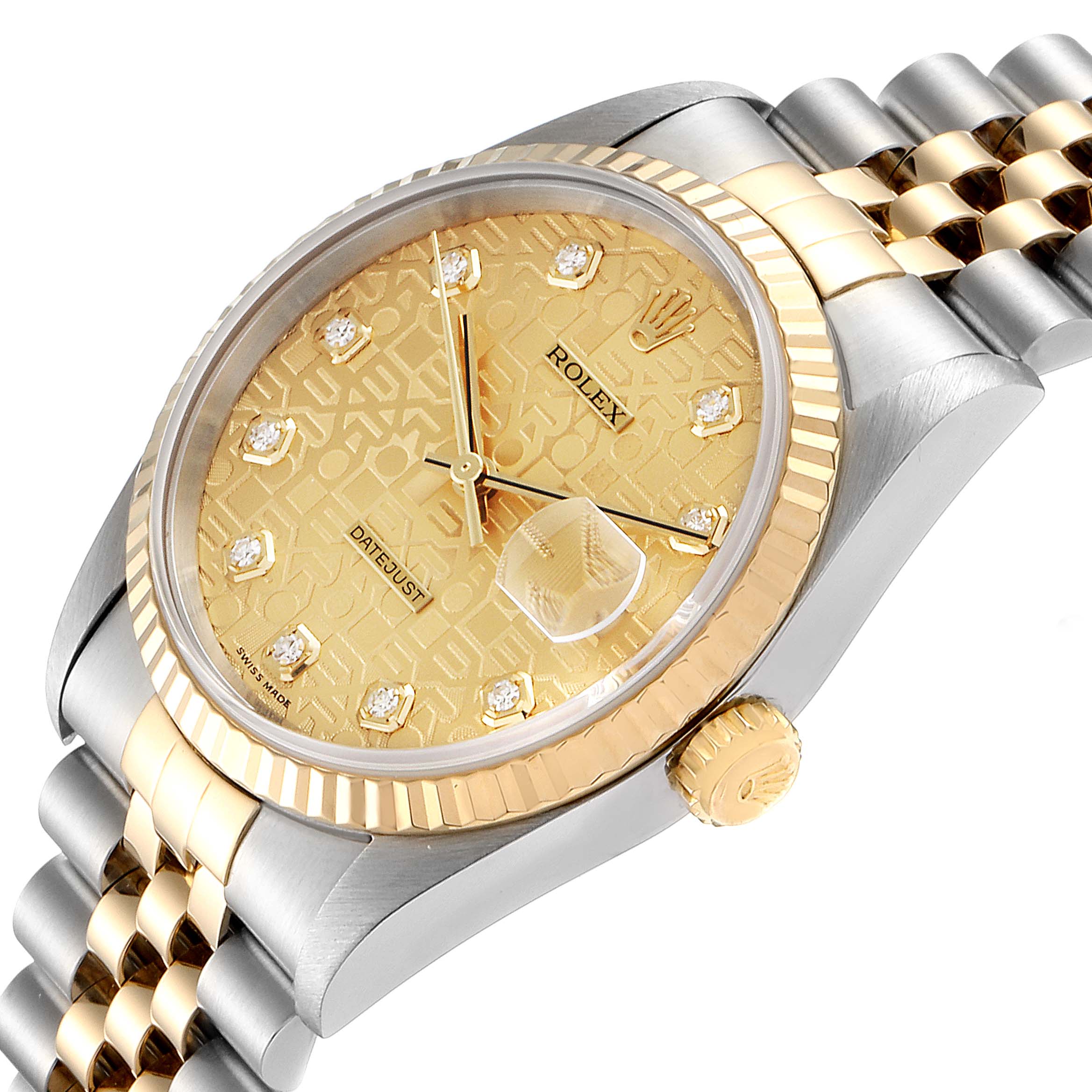 This image shows a Rolex Datejust 16233 Men's Steel and Gold (two tone) Champagne Dial 16233 Men's Steel and Gold (two tone) Champagne Dial watch at an angled close-up, highlighting the dial, bezel, crown, and part of the bracelet.
