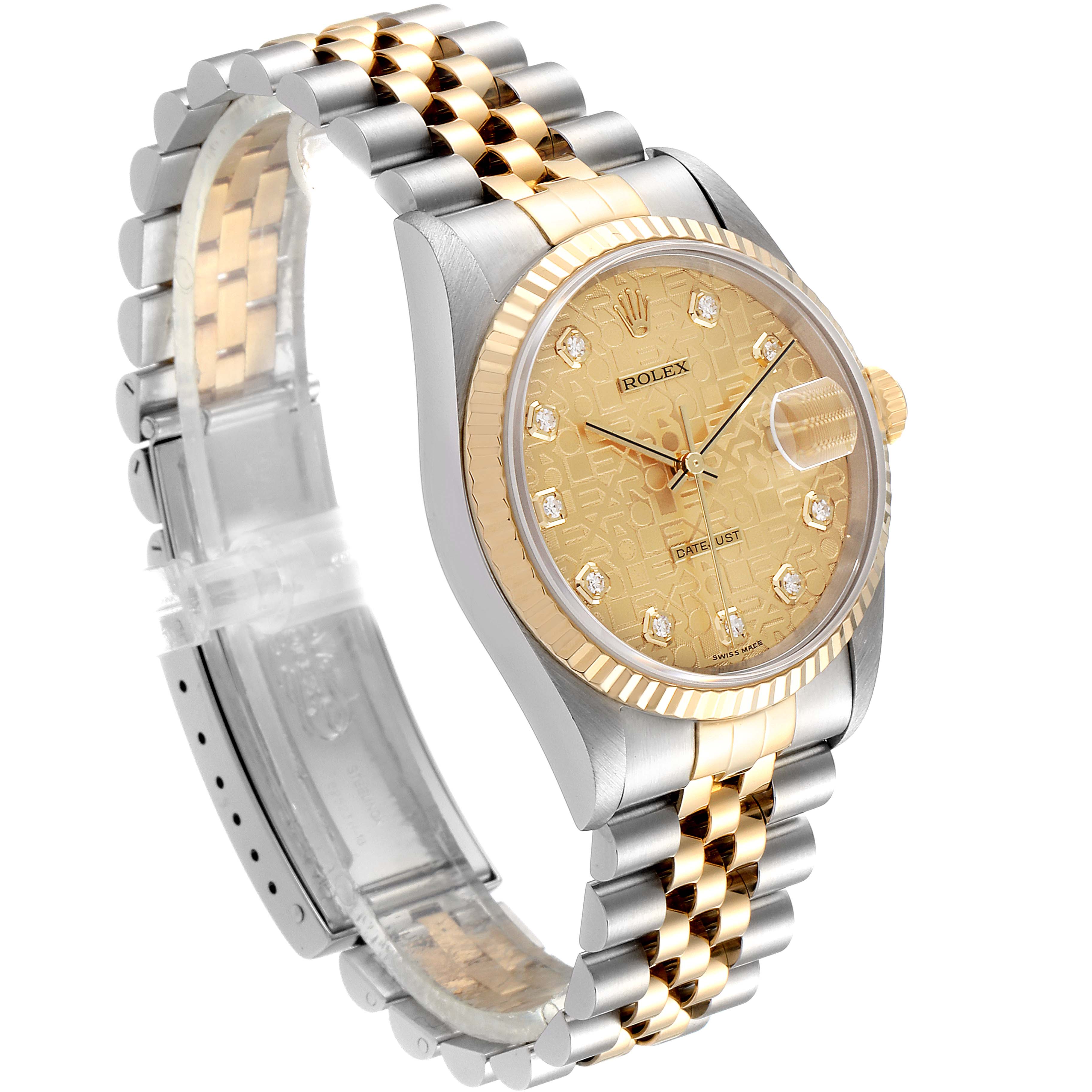 The image shows a three-quarter view of the Rolex Datejust 16233 Men's Steel and Gold (two tone) Champagne Dial 16233 Men's Steel and Gold (two tone) Champagne Dial watch, highlighting its gold dial, jubilee bracelet, and fluted bezel.