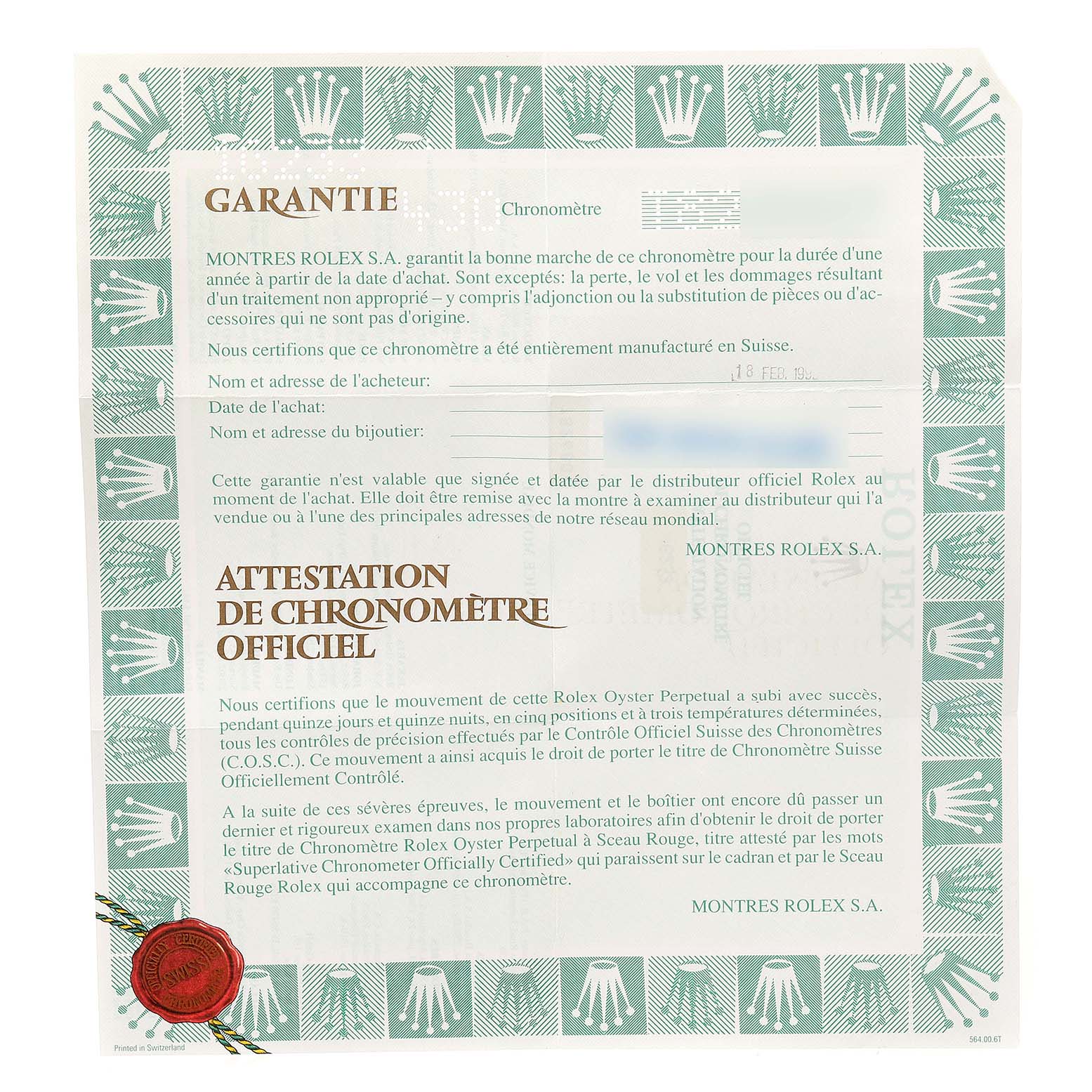 This image shows the warranty and certification card for a Datejust model by Rolex.