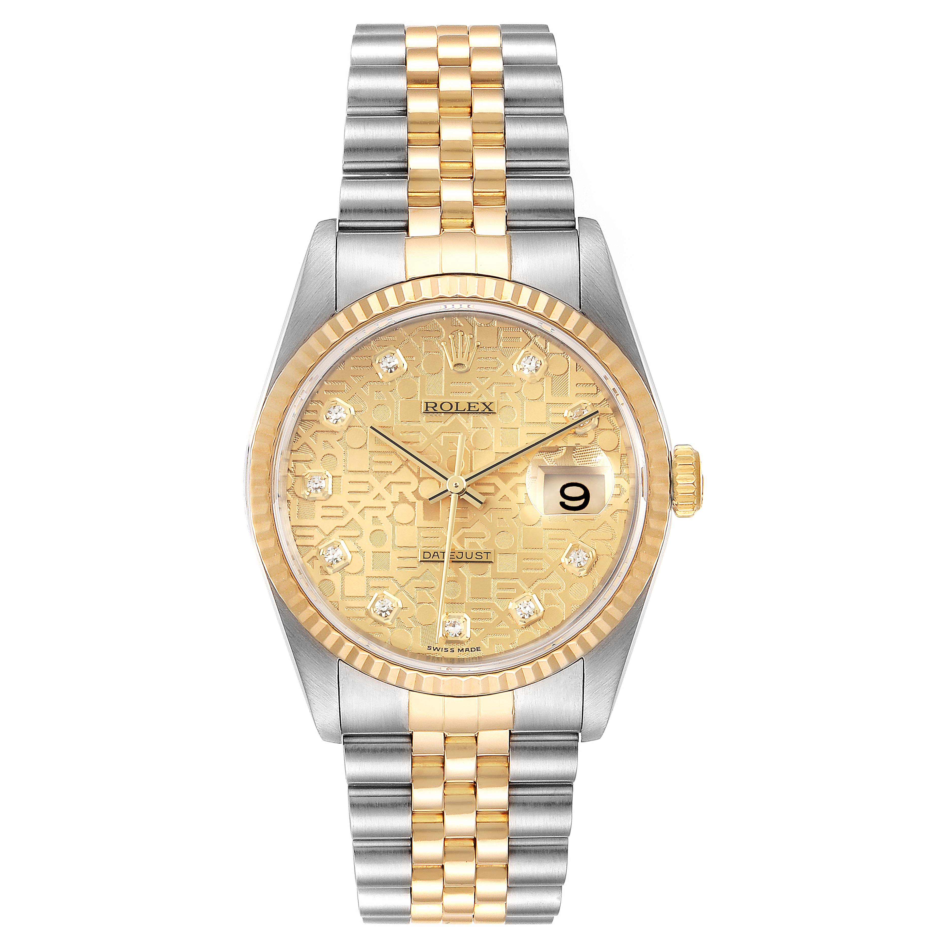 The image shows a Rolex Datejust 16233 Men's Steel and Gold (two tone) Champagne Dial 16233 Men's Steel and Gold (two tone) Champagne Dial watch from a top-down angle, highlighting the dial, bezel, and dual-tone bracelet.