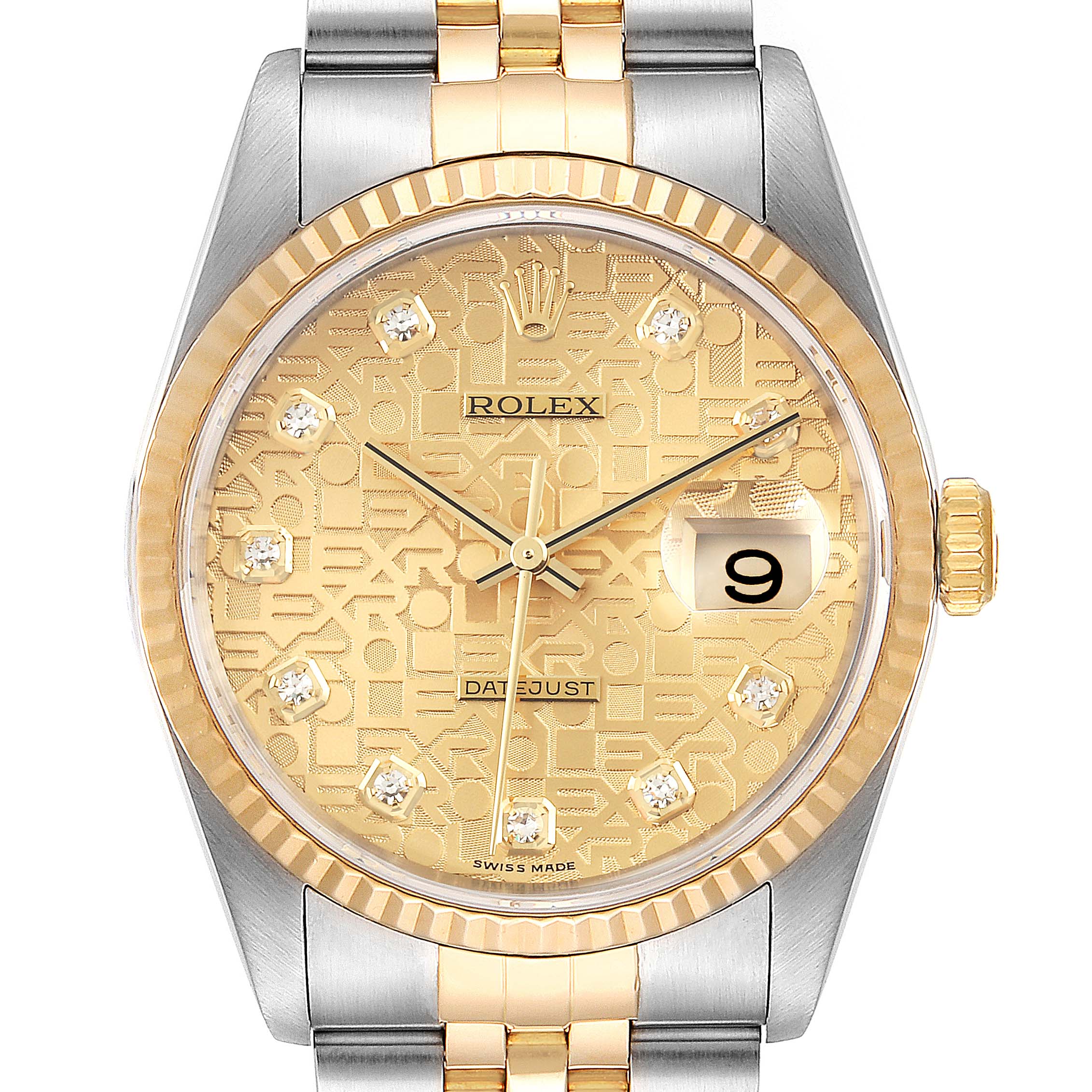 This image shows the face and bezel of a Rolex Datejust 16233 Men's Steel and Gold (two tone) Champagne Dial 16233 Men's Steel and Gold (two tone) Champagne Dial watch from a straight-on view.