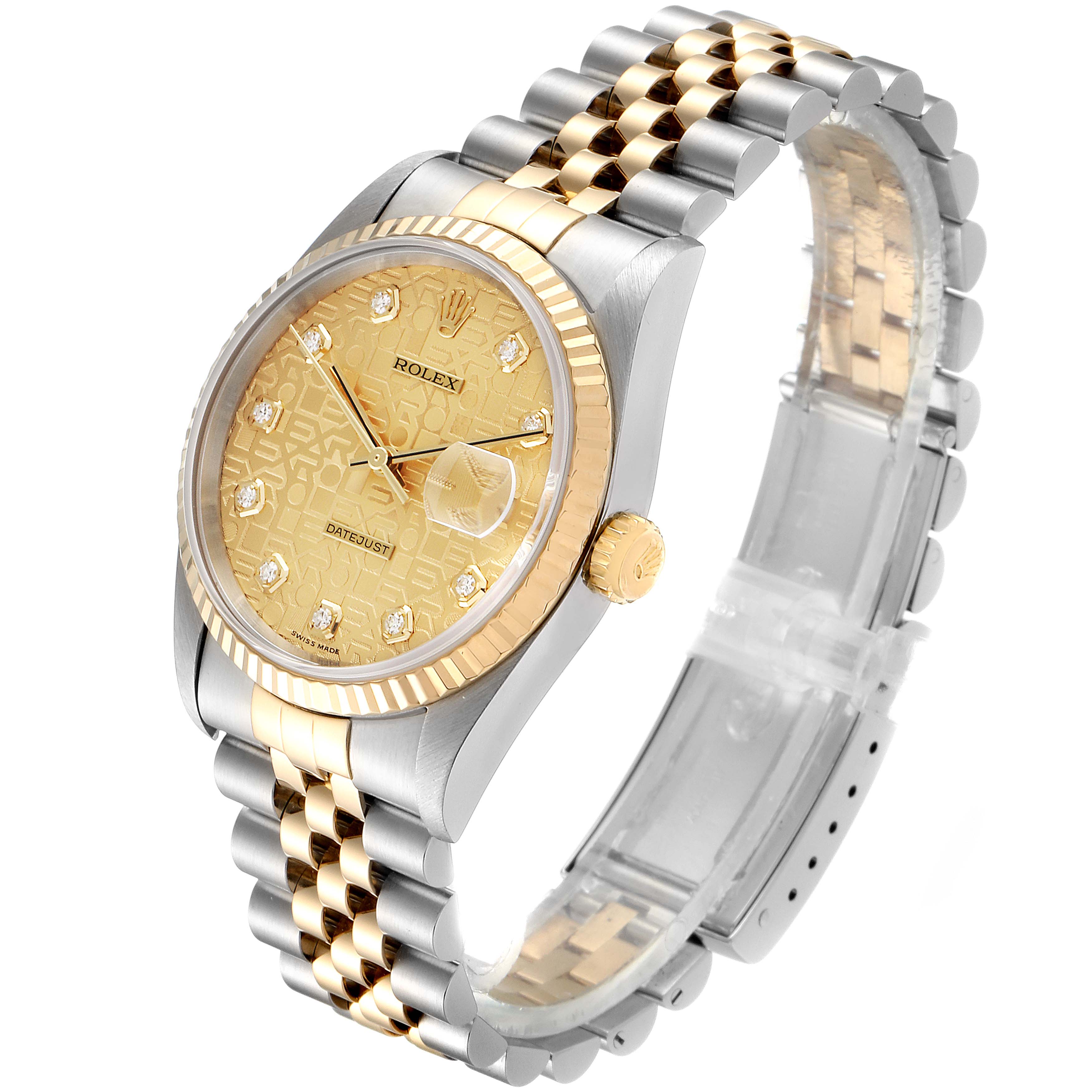 The image shows a Rolex Datejust 16233 Men's Steel and Gold (two tone) Champagne Dial 16233 Men's Steel and Gold (two tone) Champagne Dial watch with a two-tone metal band, gold fluted bezel, and champagne diamond dial, viewed from an angle.