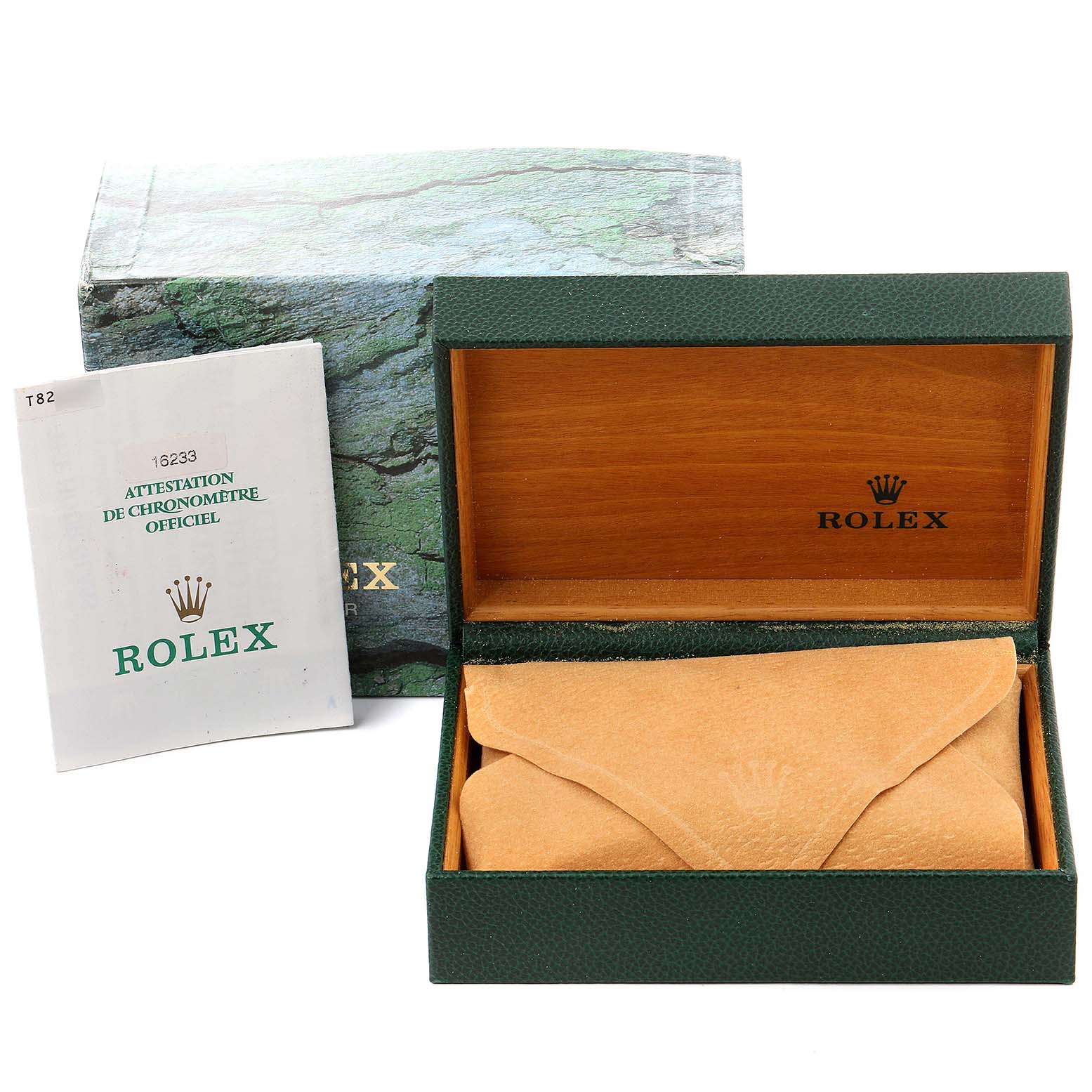 The image shows the packaging and paperwork for a Rolex Datejust 16233 Men's Steel and Gold (two tone) Champagne Dial 16233 Men's Steel and Gold (two tone) Champagne Dial, including the box and certificate.