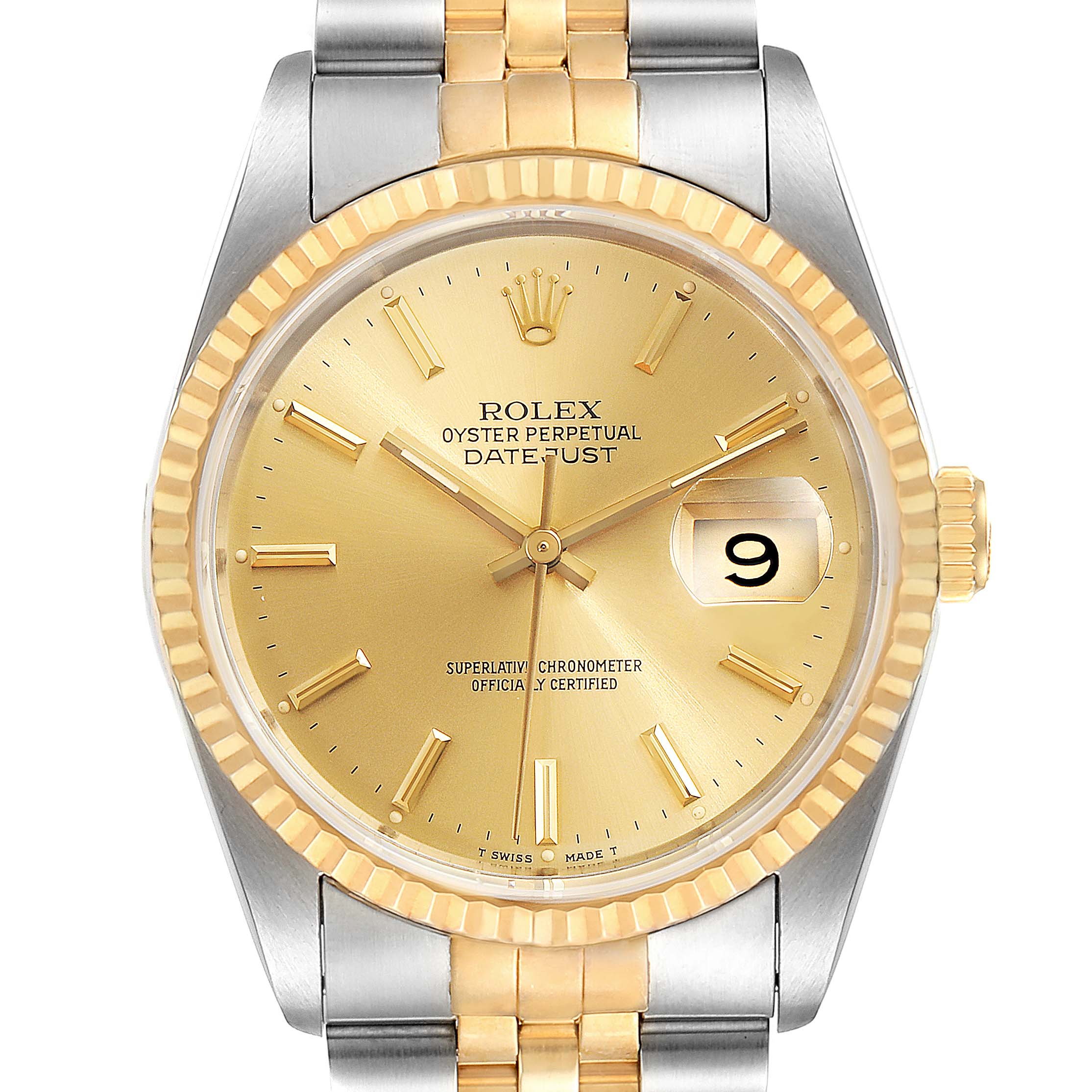This close-up of a Rolex Datejust 16233 Men's Steel and Gold (two tone) Champagne Dial 16233 Men's Steel and Gold (two tone) Champagne Dial watch shows the dial, bezel, crown, and part of the bracelet.