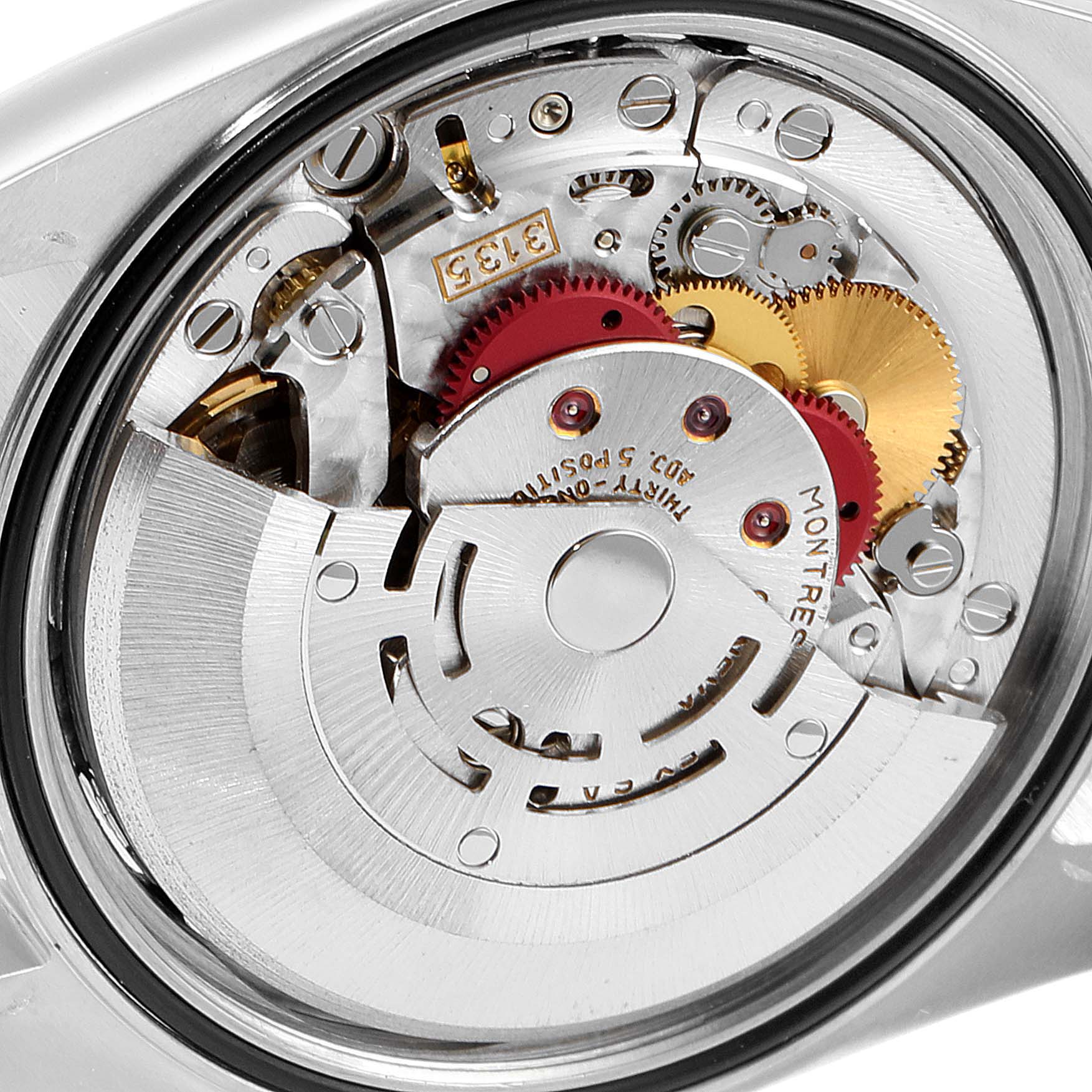 This close-up angle showcases the intricate internal mechanism of the Rolex Datejust 16233 Men's Steel and Gold (two tone) Champagne Dial 16233 Men's Steel and Gold (two tone) Champagne Dial model watch.