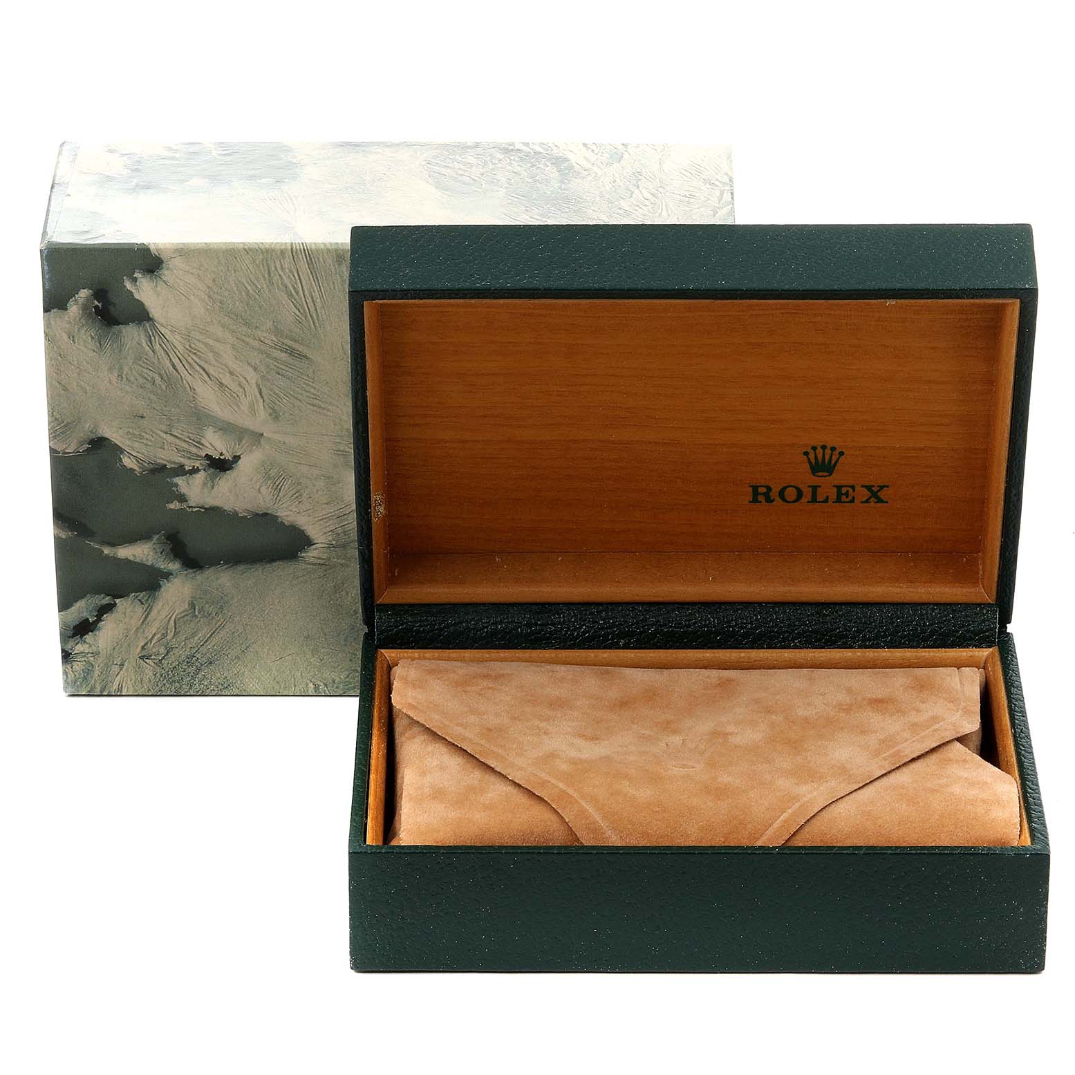 The image shows an open Rolex Datejust 16233 Men's Steel and Gold (two tone) Champagne Dial 16233 Men's Steel and Gold (two tone) Champagne Dial watch box with a suede pouch inside.