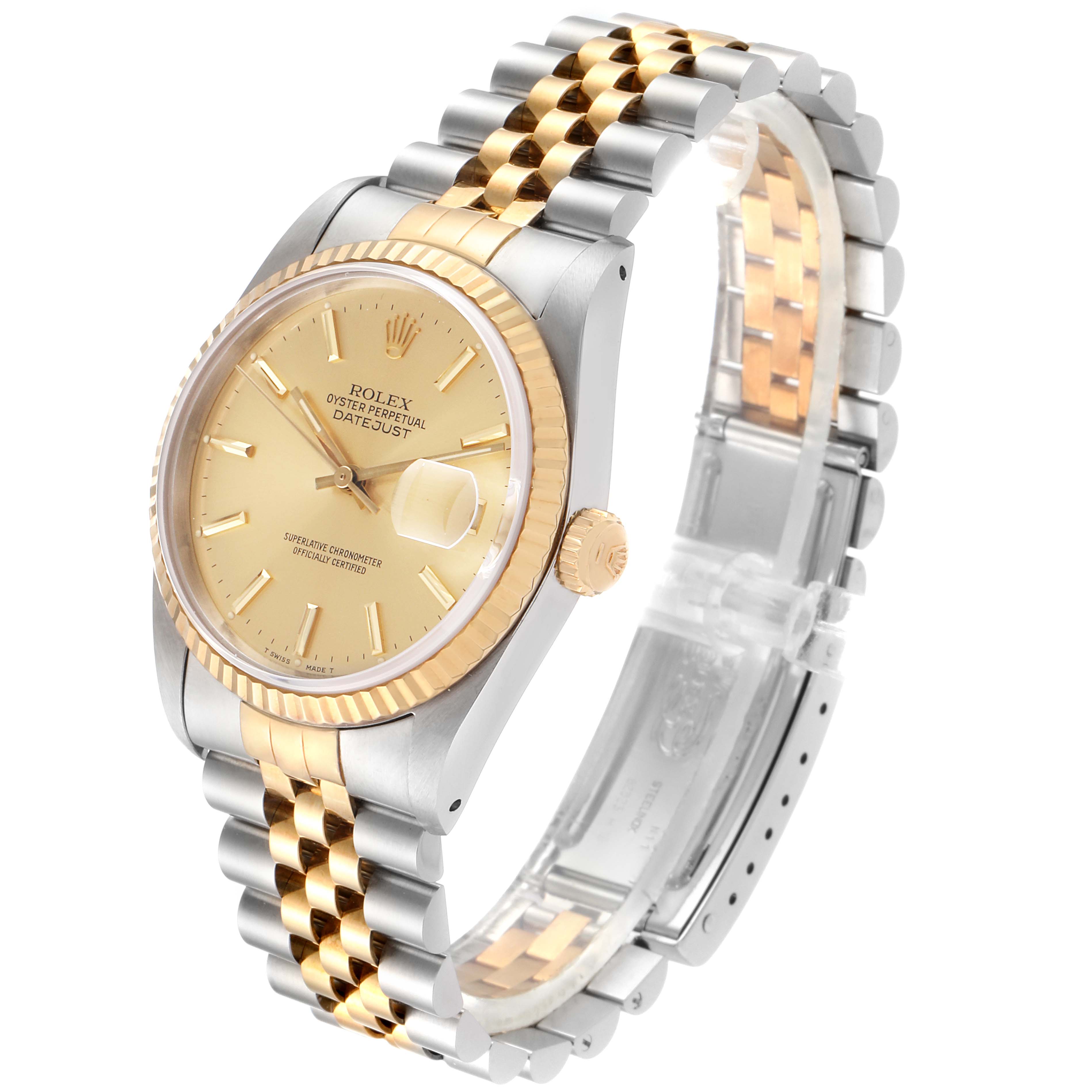 The image shows a side angle of the Rolex Datejust 16233 Men's Steel and Gold (two tone) Champagne Dial 16233 Men's Steel and Gold (two tone) Champagne Dial watch, highlighting its gold bezel, dial, crown, and two-tone bracelet.