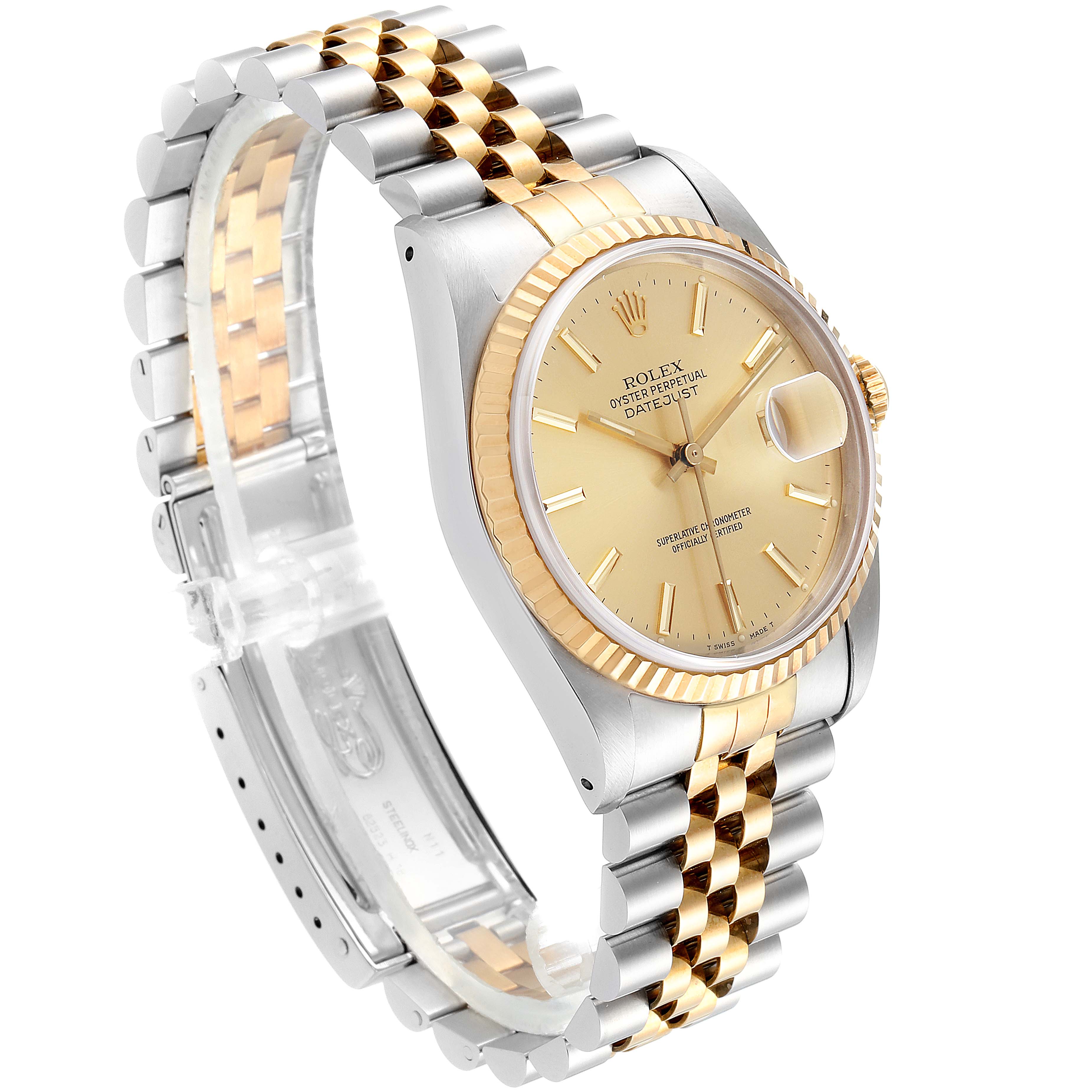 This image shows a side angle of a Rolex Datejust 16233 Men's Steel and Gold (two tone) Champagne Dial 16233 Men's Steel and Gold (two tone) Champagne Dial watch highlighting its gold and silver Jubilee bracelet, bezel, and dial.