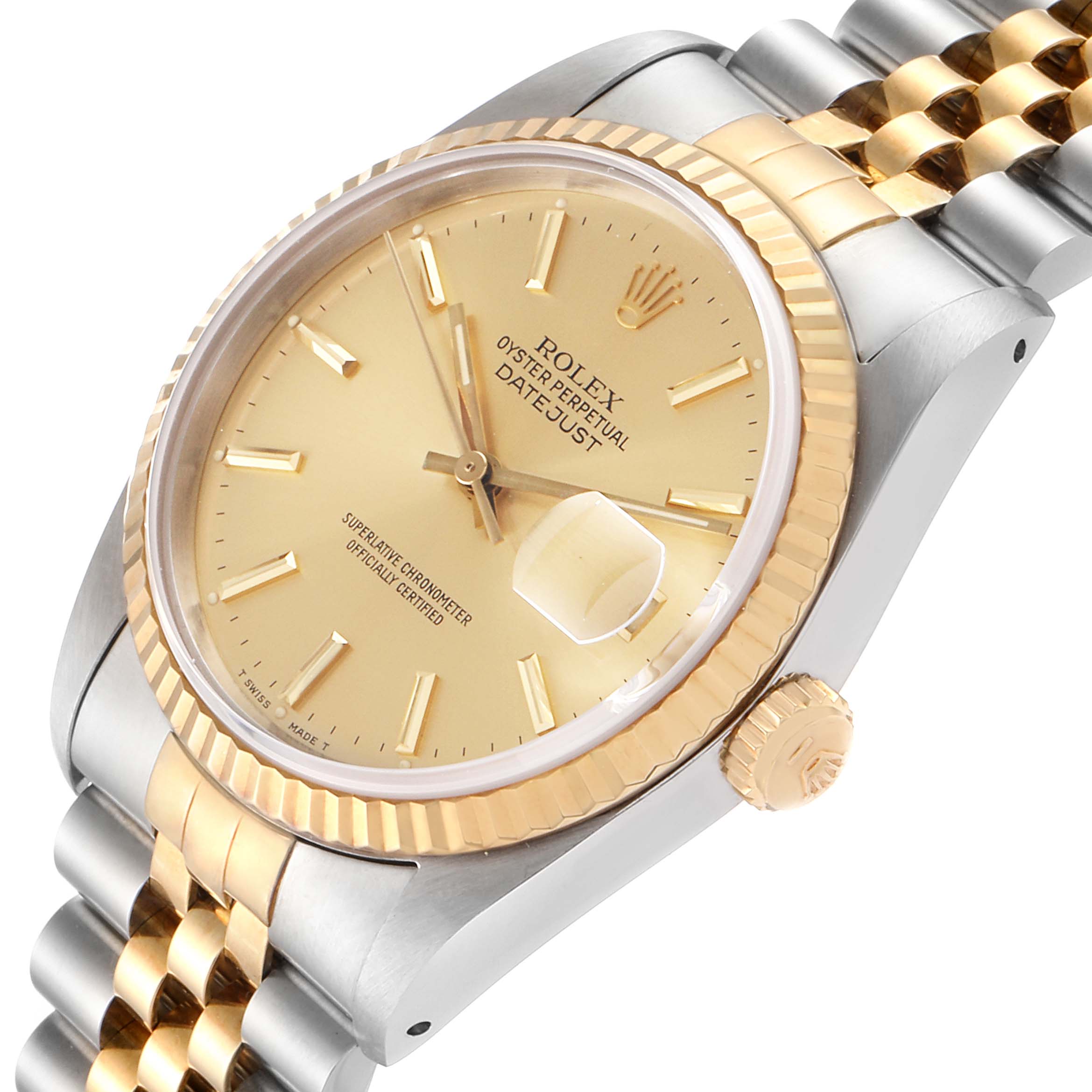 This image shows a close-up angle of a Rolex Datejust 16233 Men's Steel and Gold (two tone) Champagne Dial 16233 Men's Steel and Gold (two tone) Champagne Dial watch, highlighting the gold-tone face, bezel, and two-tone bracelet.