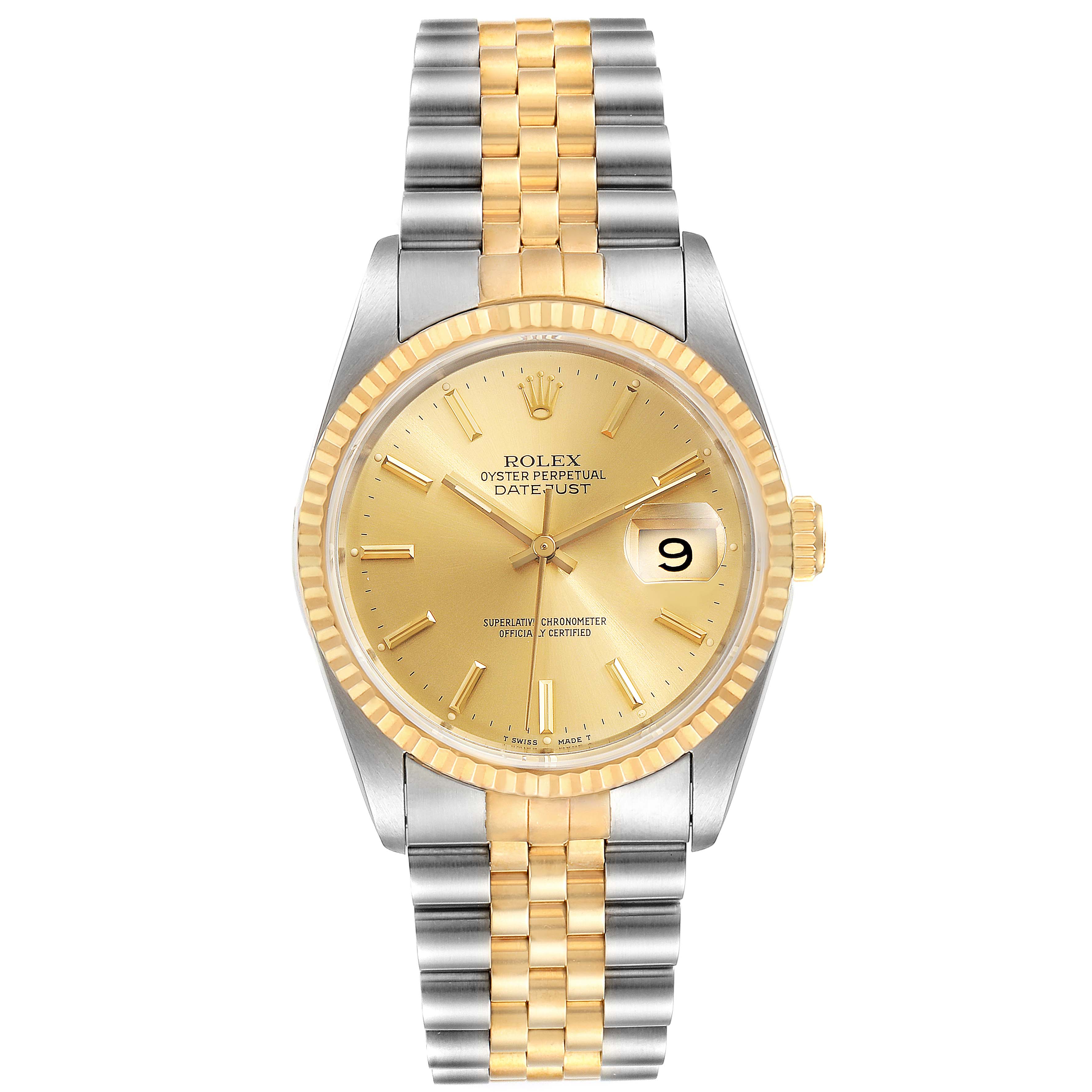 This image shows a frontal view of a Rolex Datejust 16233 Men's Steel and Gold (two tone) Champagne Dial 16233 Men's Steel and Gold (two tone) Champagne Dial watch, displaying the watch face, dial, and two-tone bracelet.