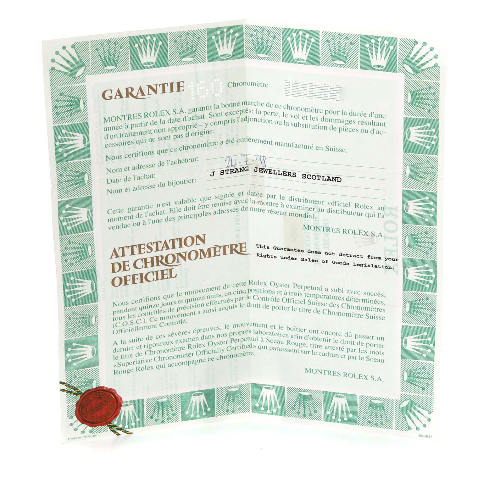 The image shows an official green and white Rolex guarantee and chronometer certificate for the Datejust model.