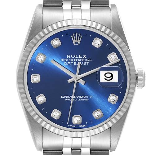 Photo of Rolex Datejust Steel White Gold Blue Diamond Dial Mens Watch 16234 Box Papers