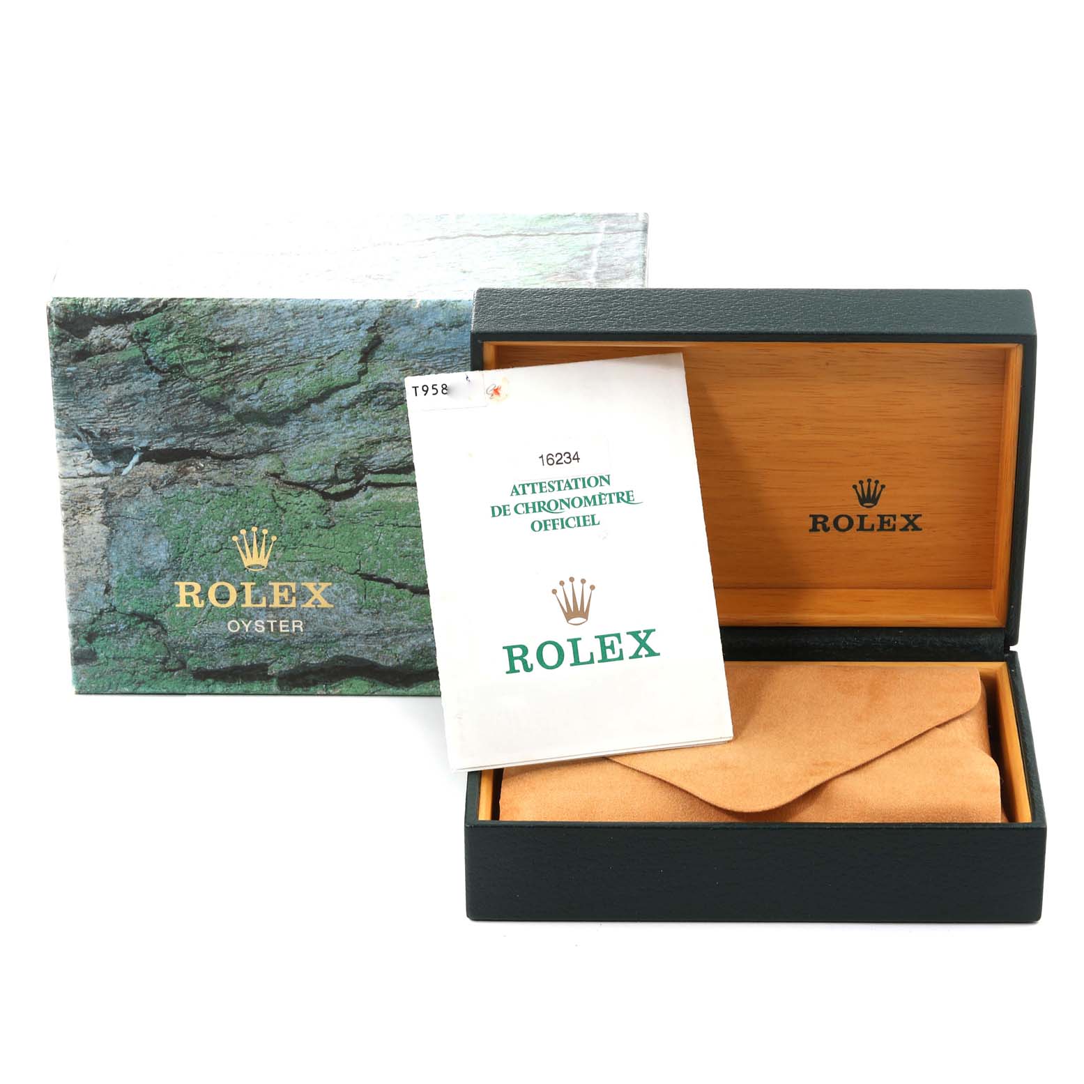 The image shows packaging for a Rolex Datejust 16234 Men's Stainless Steel Blue Dial 16234 Men's Stainless Steel Blue Dial, including an outer box, inner presentation box, and official certification booklet.