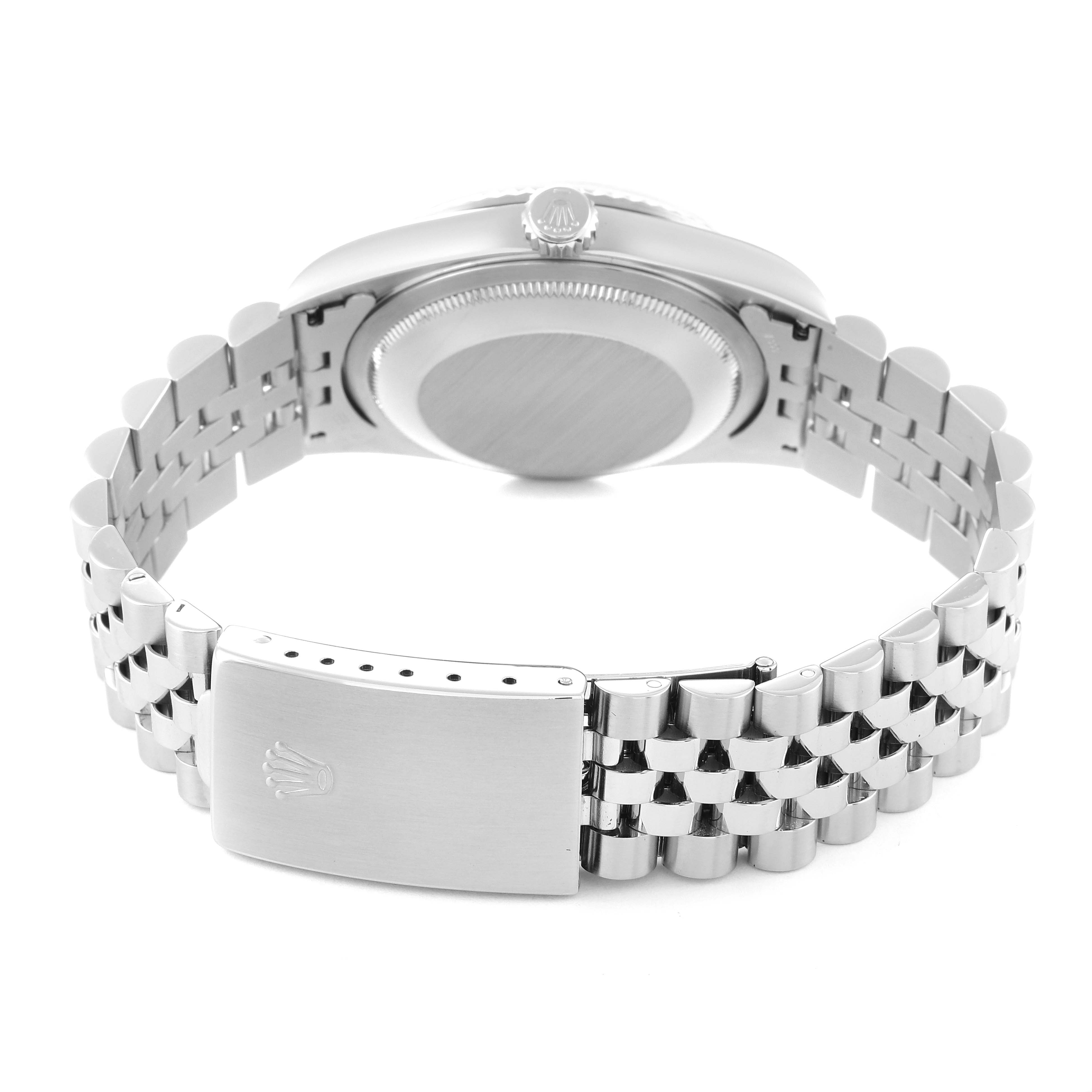 The image shows the back view of a Rolex Datejust 16234 Men's Stainless Steel Blue Dial 16234 Men's Stainless Steel Blue Dial watch, highlighting its closed clasp and bracelet.