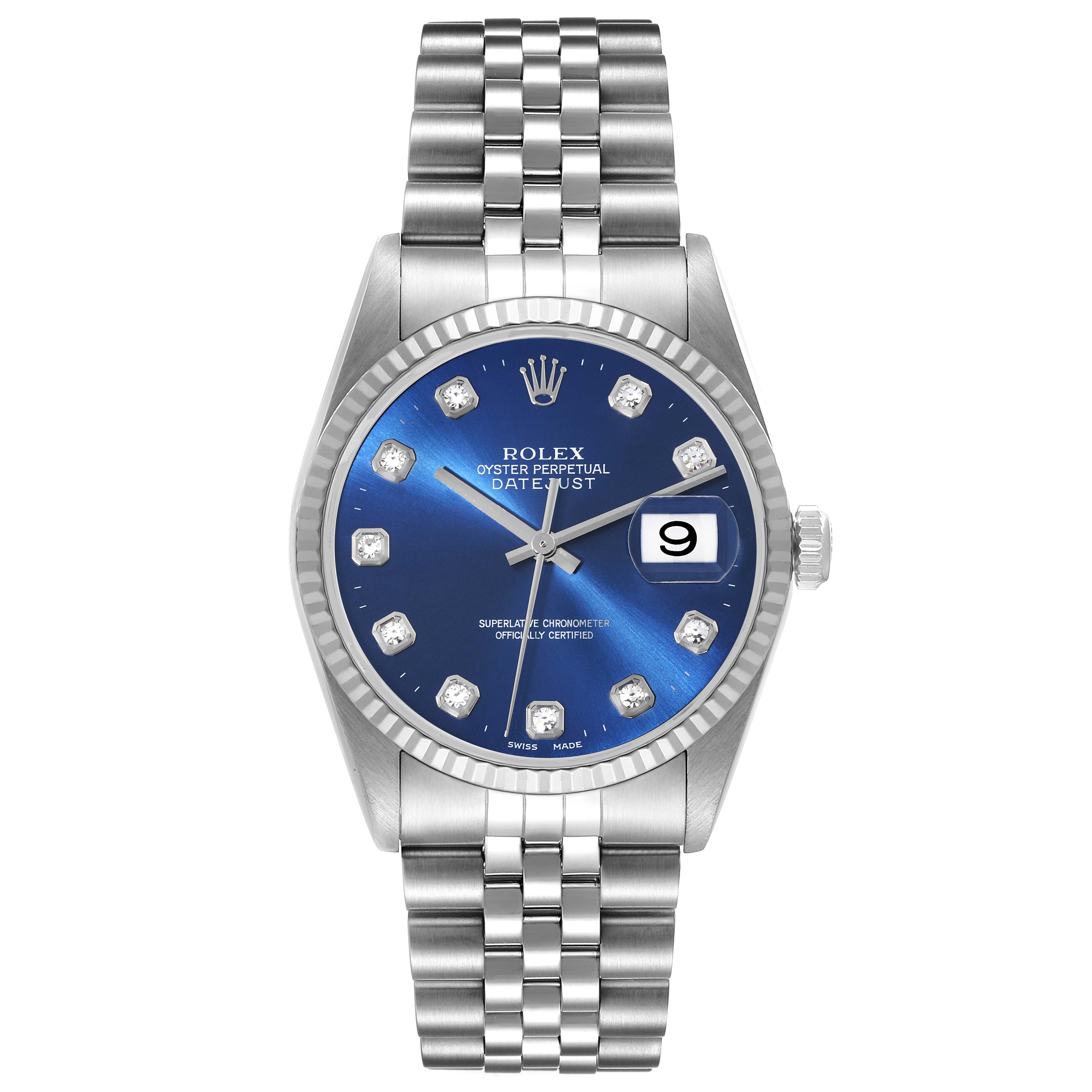 This image shows a Rolex Datejust 16234 Men's Stainless Steel Blue Dial 16234 Men's Stainless Steel Blue Dial watch with a blue dial, diamond hour markers, and a silver Jubilee bracelet, viewed from the front.