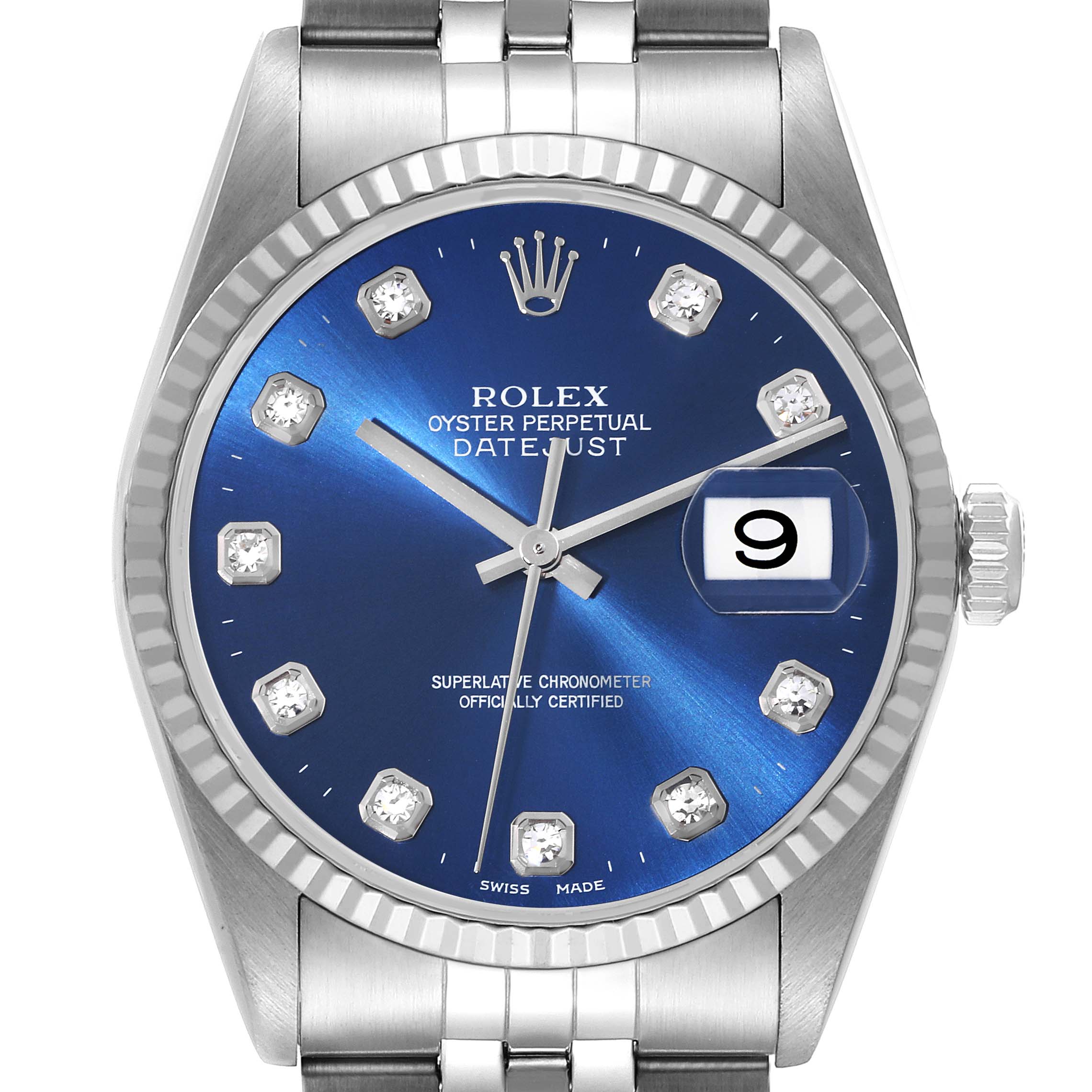 The image displays a front view of a Rolex Datejust 16234 Men's Stainless Steel Blue Dial 16234 Men's Stainless Steel Blue Dial watch, showcasing its blue dial, fluted bezel, and bracelet.