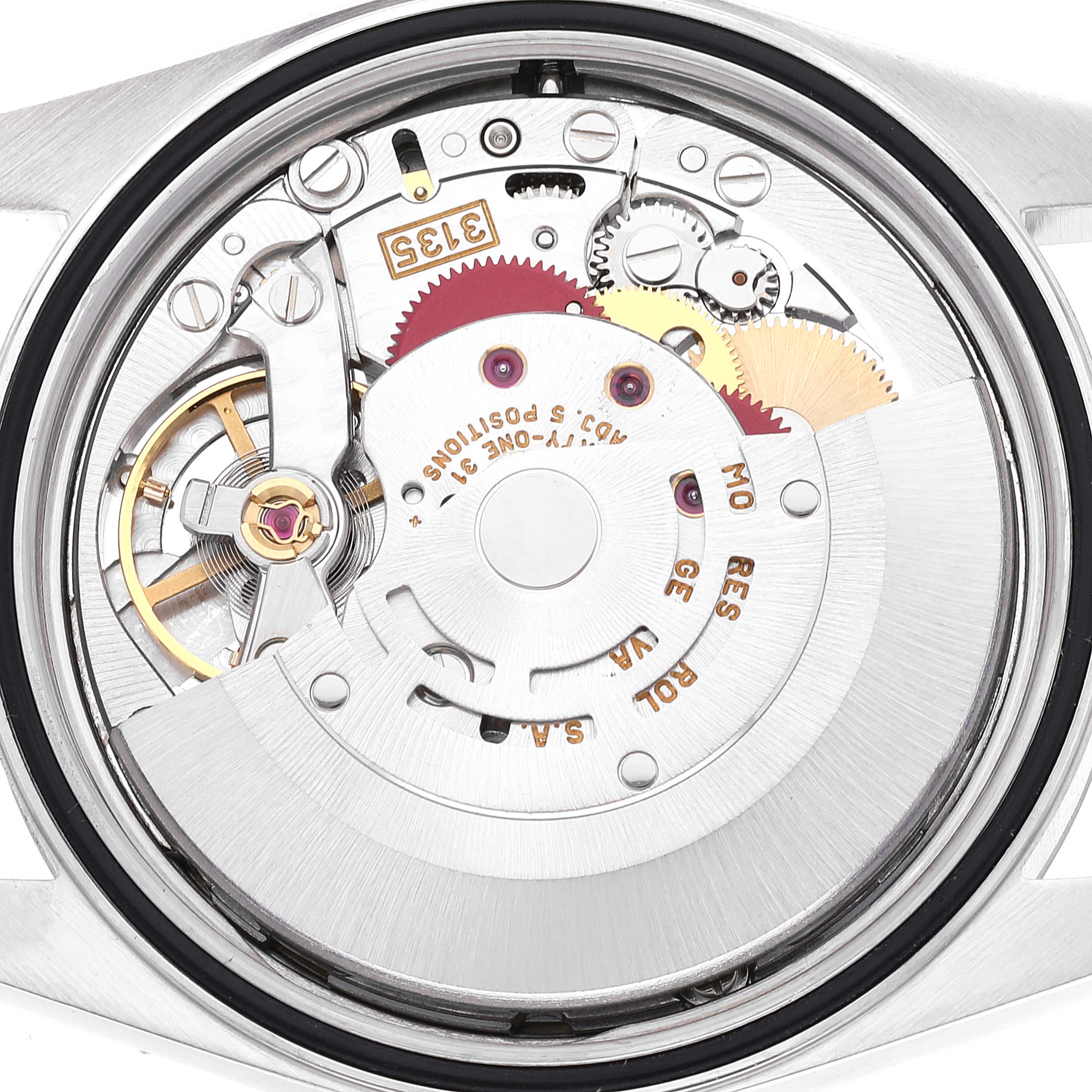 This image shows the inner mechanical movement of a Rolex Datejust 16234 Men's Stainless Steel Blue Dial 16234 Men's Stainless Steel Blue Dial watch from a back view angle.