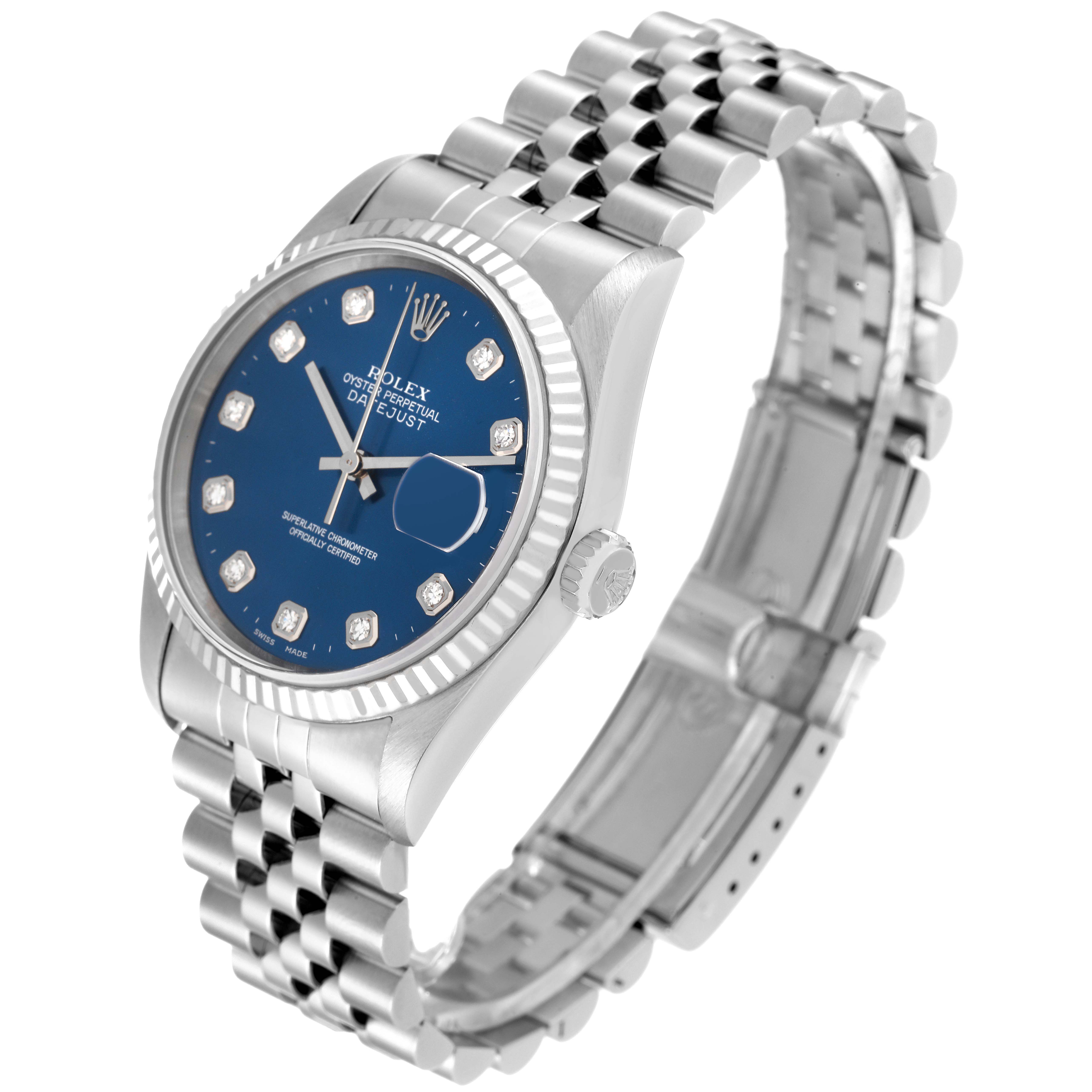 The Rolex Datejust 16234 Men's Stainless Steel Blue Dial 16234 Men's Stainless Steel Blue Dial watch is shown in a front angle highlighting its blue dial, fluted bezel, and Jubilee bracelet.