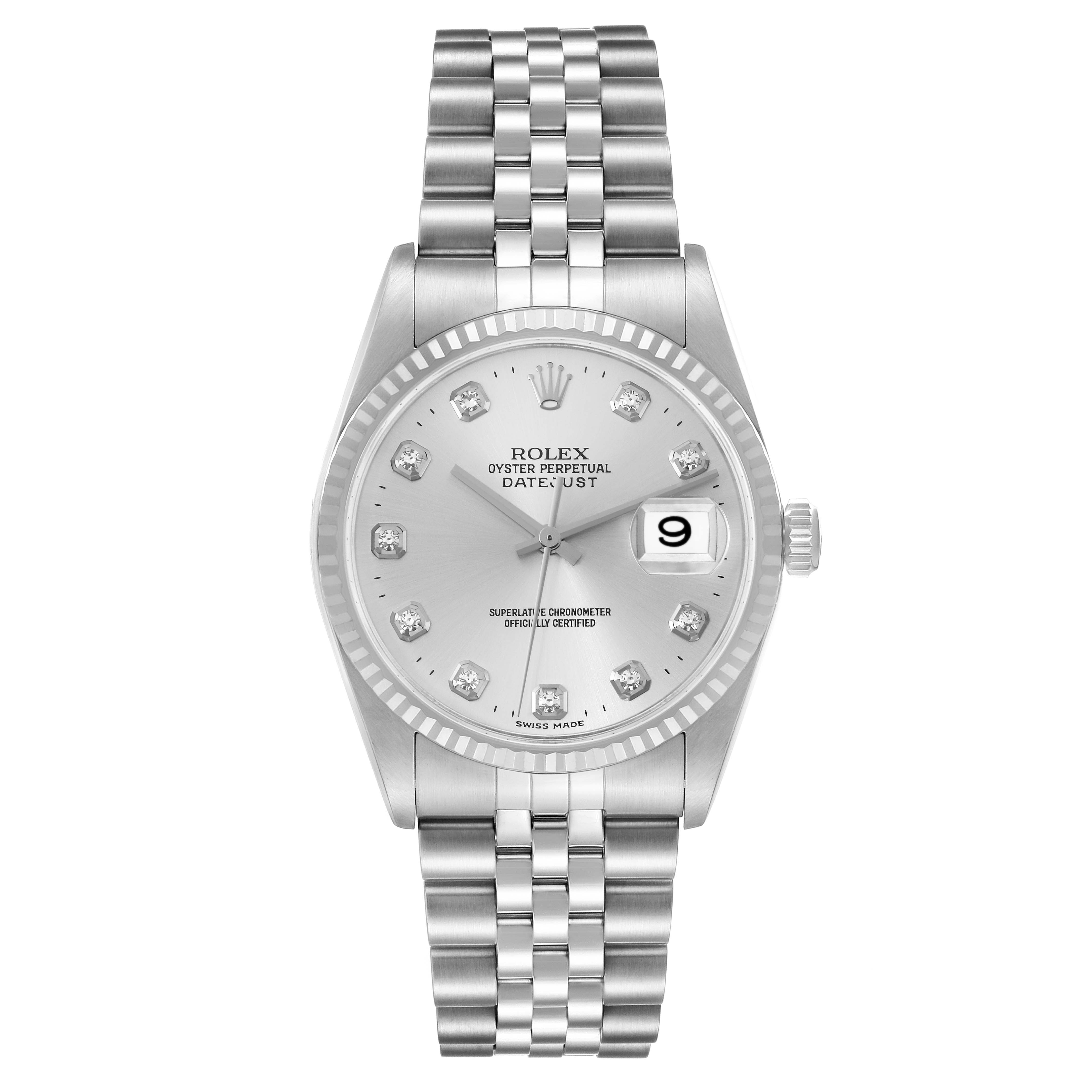 The Rolex Datejust 16234 Men's Stainless Steel Silver Dial 16234 Men's Stainless Steel Silver Dial watch is shown from the front, displaying the face, bracelet, and date window.