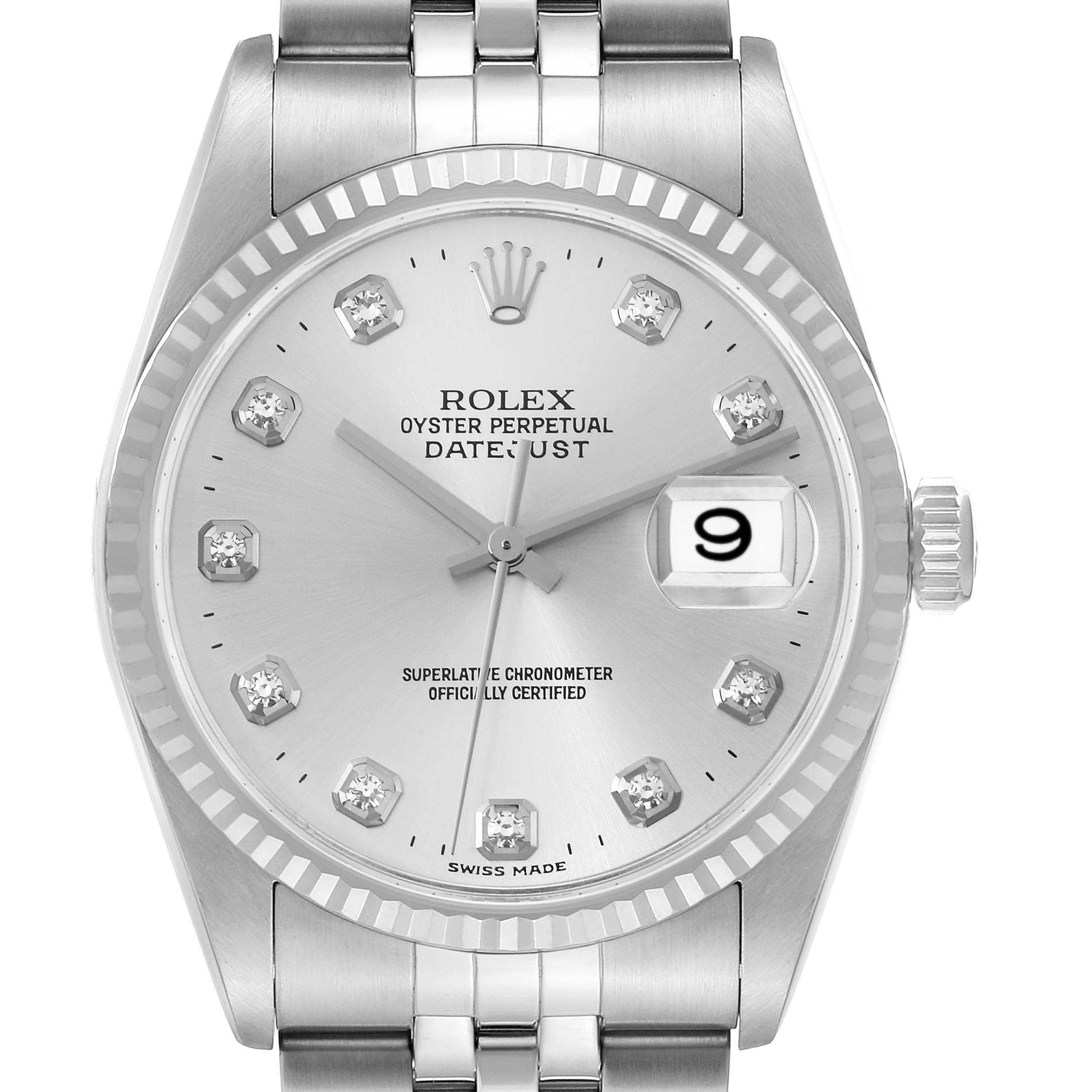 The image shows a front view of a Rolex Datejust 16234 Men's Stainless Steel Silver Dial 16234 Men's Stainless Steel Silver Dial watch, showcasing its dial, hands, date window, and bracelet.