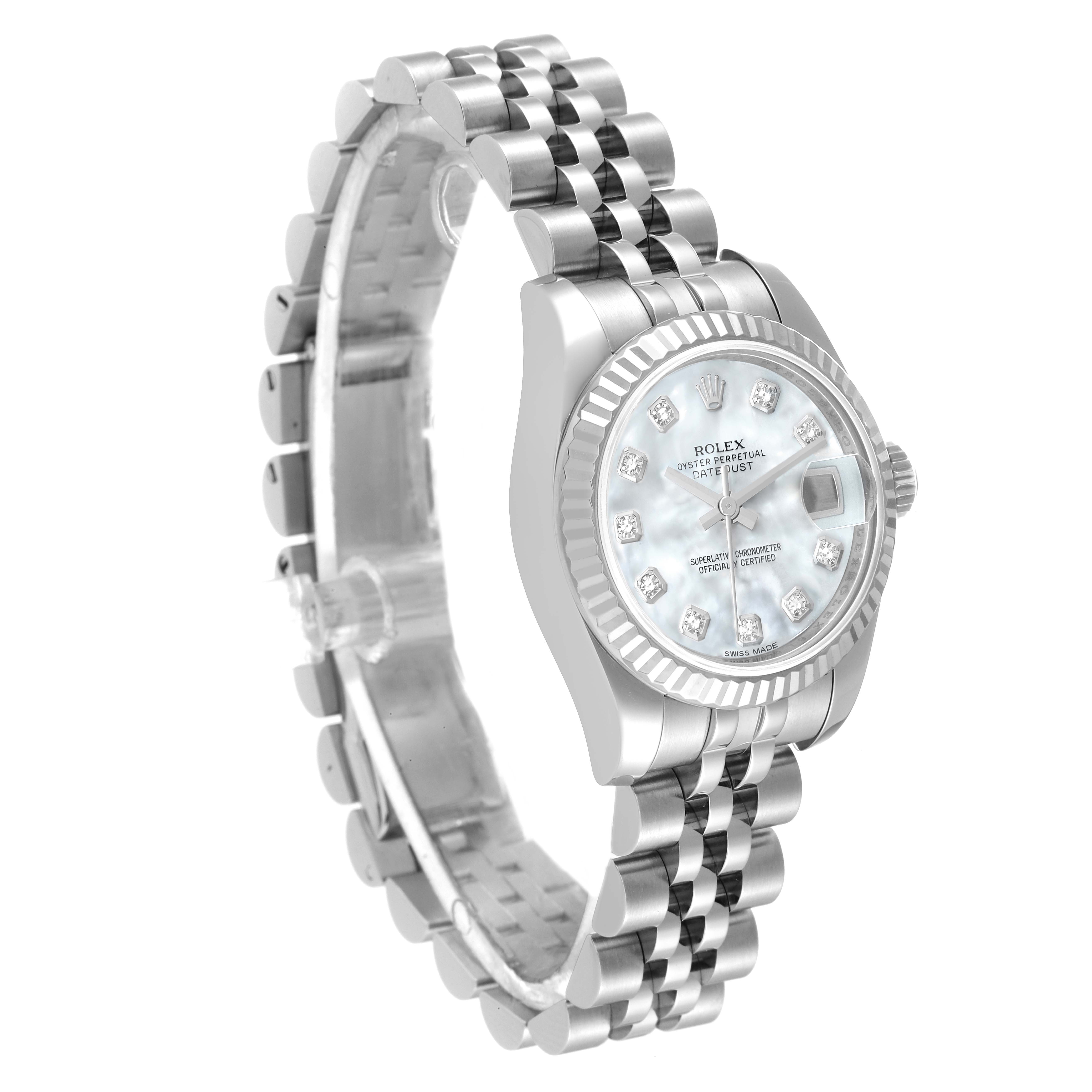 The image shows a Rolex Datejust 179174 Women's Stainless Steel Mother of Pearl Dial 179174 Women's Stainless Steel Mother of Pearl Dial watch at a three-quarter angle, highlighting the face, bezel, and bracelet.