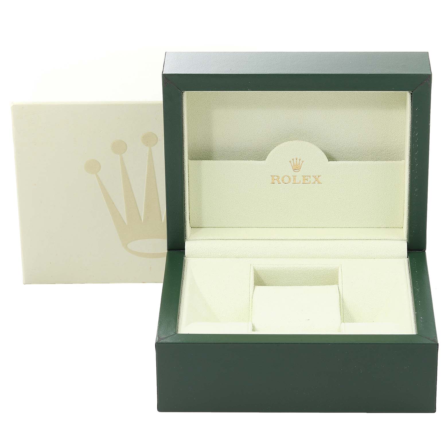 The image shows an open Rolex Datejust 179174 Women's Stainless Steel Mother of Pearl Dial 179174 Women's Stainless Steel Mother of Pearl Dial watch box with a green exterior and light-colored interior, lacking the watch.