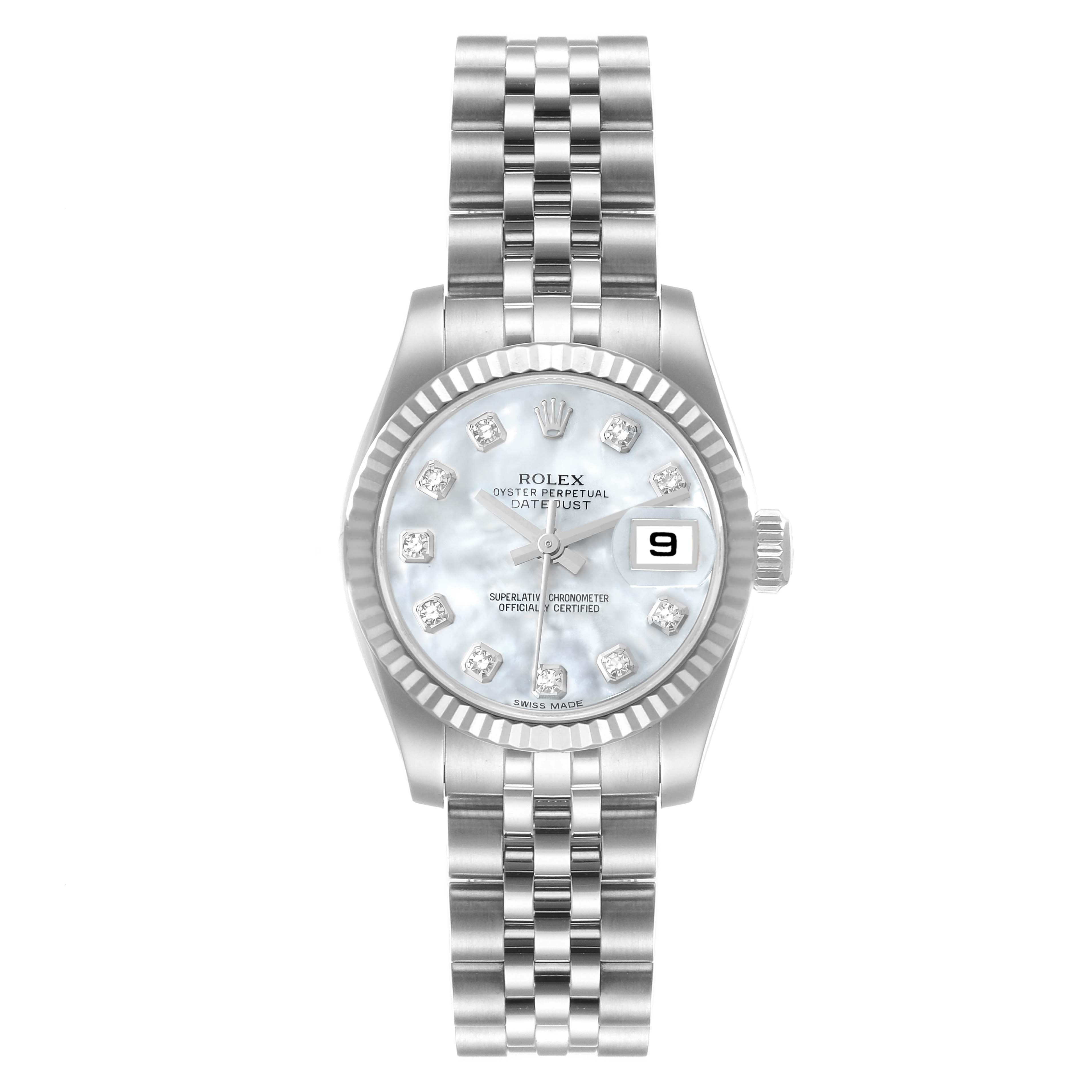 This image shows a front view of the Rolex Datejust 179174 Women's Stainless Steel Mother of Pearl Dial 179174 Women's Stainless Steel Mother of Pearl Dial watch, highlighting its face, bezel, and bracelet.