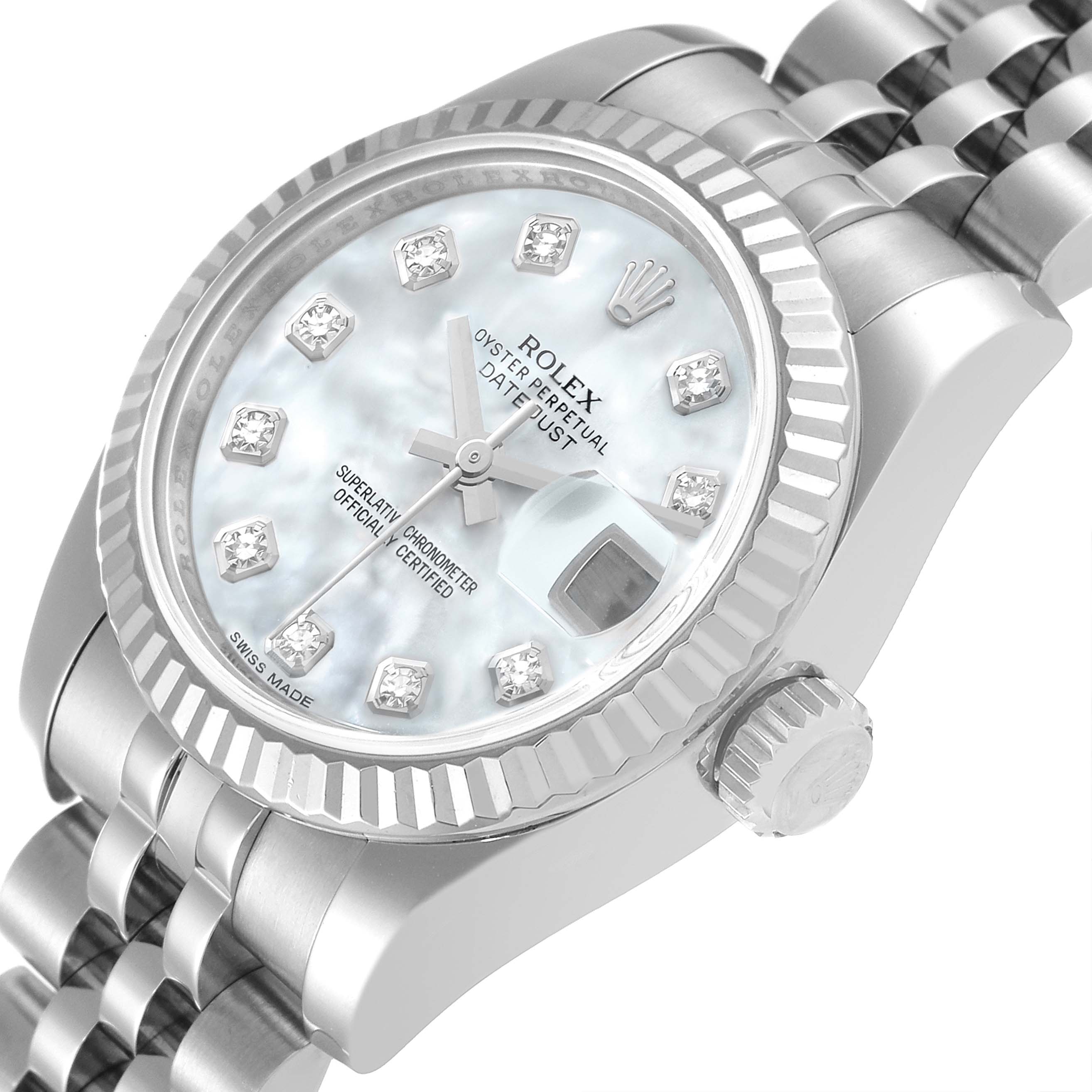 The Rolex Datejust 179174 Women's Stainless Steel Mother of Pearl Dial 179174 Women's Stainless Steel Mother of Pearl Dial watch is shown at a slight angle, displaying the dial, bezel, crown, and part of the bracelet.