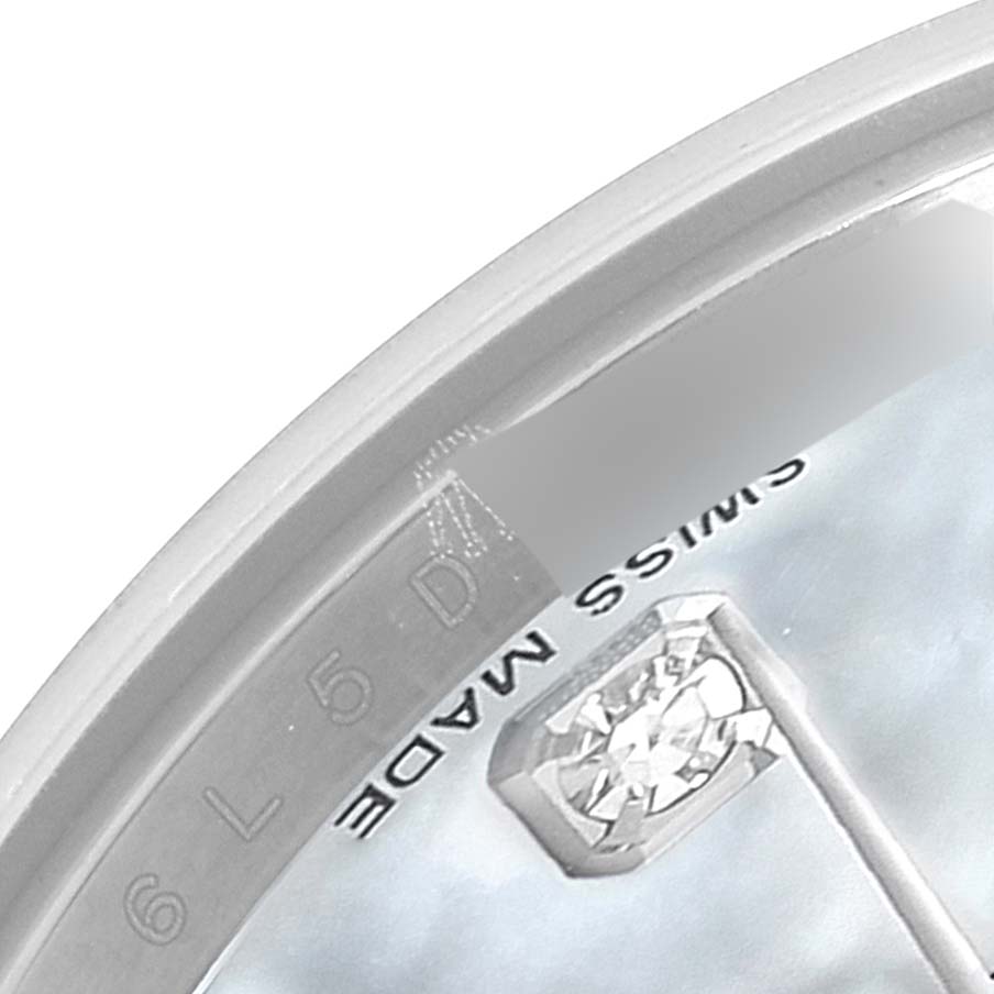 This close-up shows part of the dial and the "Swiss Made" text on a Rolex Datejust 179174 Women's Stainless Steel Mother of Pearl Dial 179174 Women's Stainless Steel Mother of Pearl Dial watch.