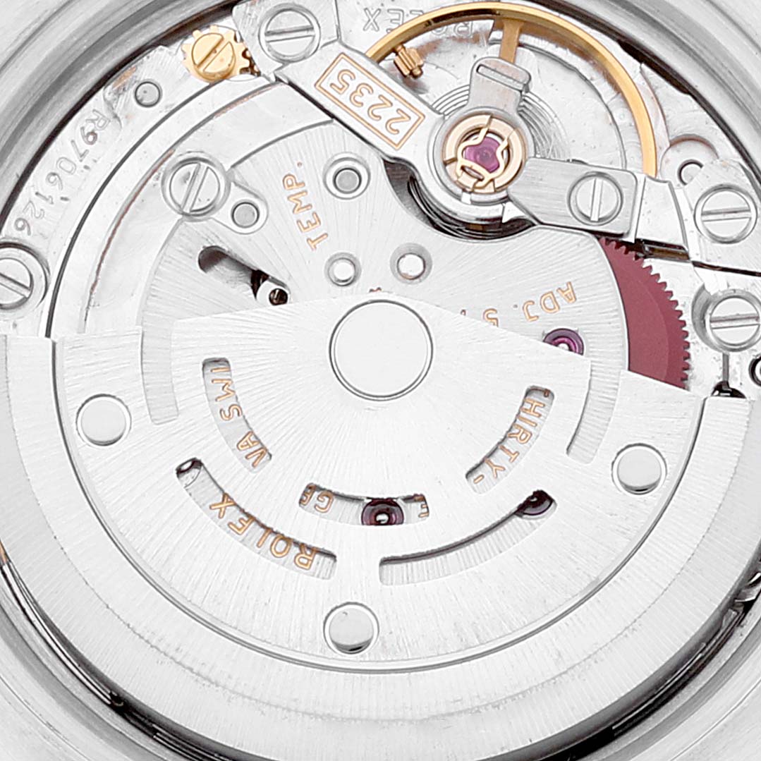 This close-up image shows the internal movement mechanism of a Rolex Datejust 179174 Women's Stainless Steel Mother of Pearl Dial 179174 Women's Stainless Steel Mother of Pearl Dial watch from a top-down angle.
