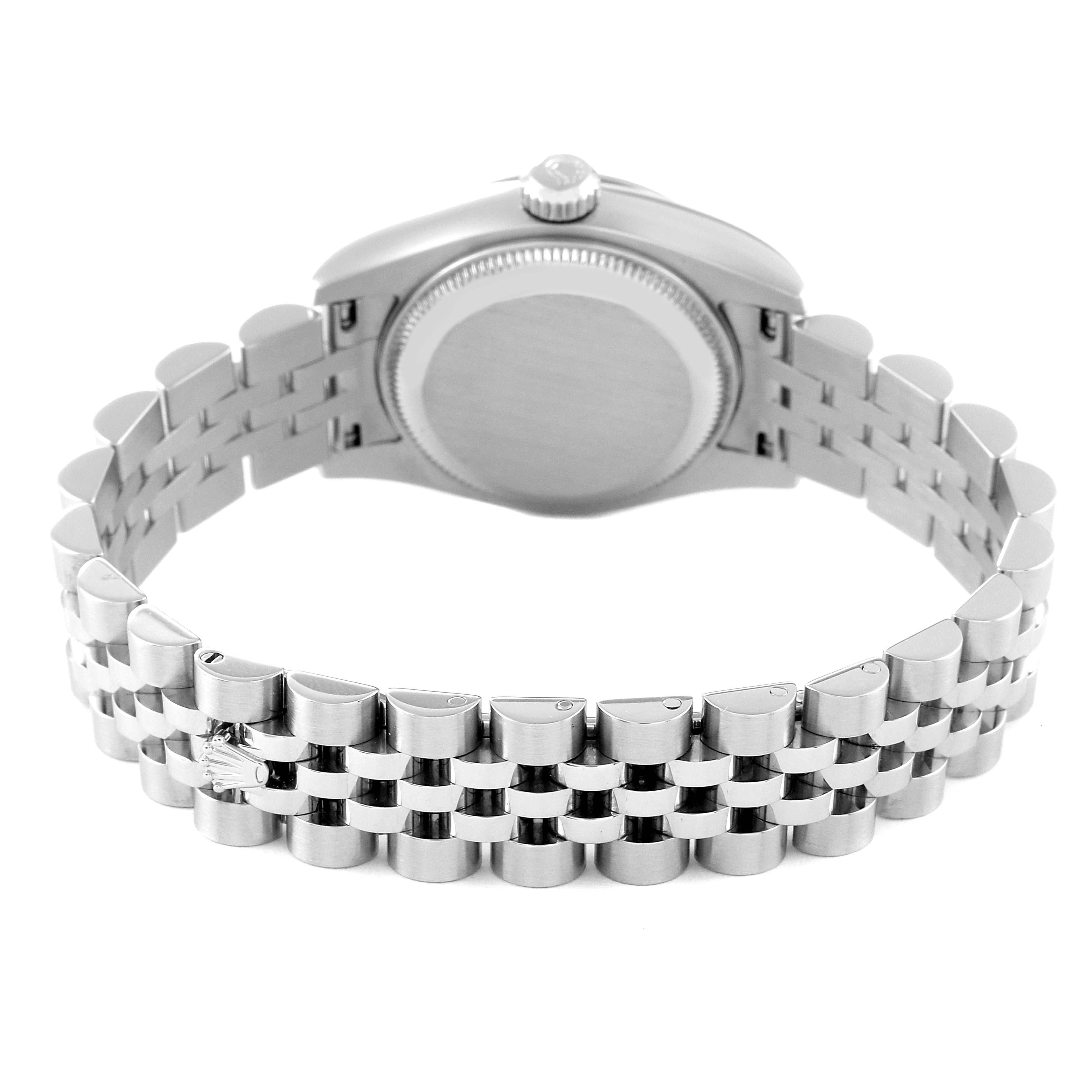 The image shows the back view of a Rolex Datejust 179174 Women's Stainless Steel Mother of Pearl Dial 179174 Women's Stainless Steel Mother of Pearl Dial watch focusing on its case back and Jubilee bracelet.