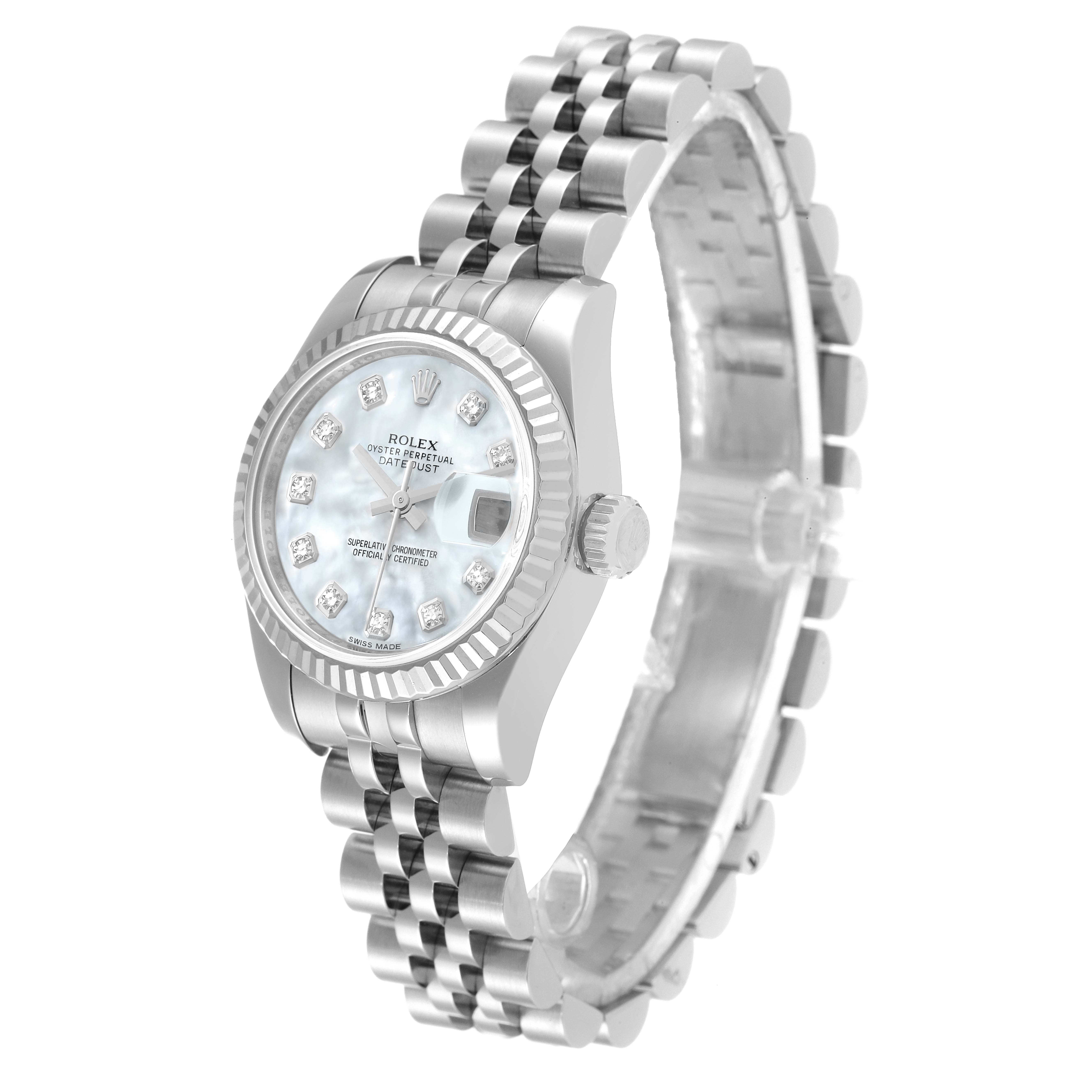 The image shows a Rolex Datejust 179174 Women's Stainless Steel Mother of Pearl Dial 179174 Women's Stainless Steel Mother of Pearl Dial watch at a 3/4 angle, highlighting the dial, bezel, case, crown, and bracelet.