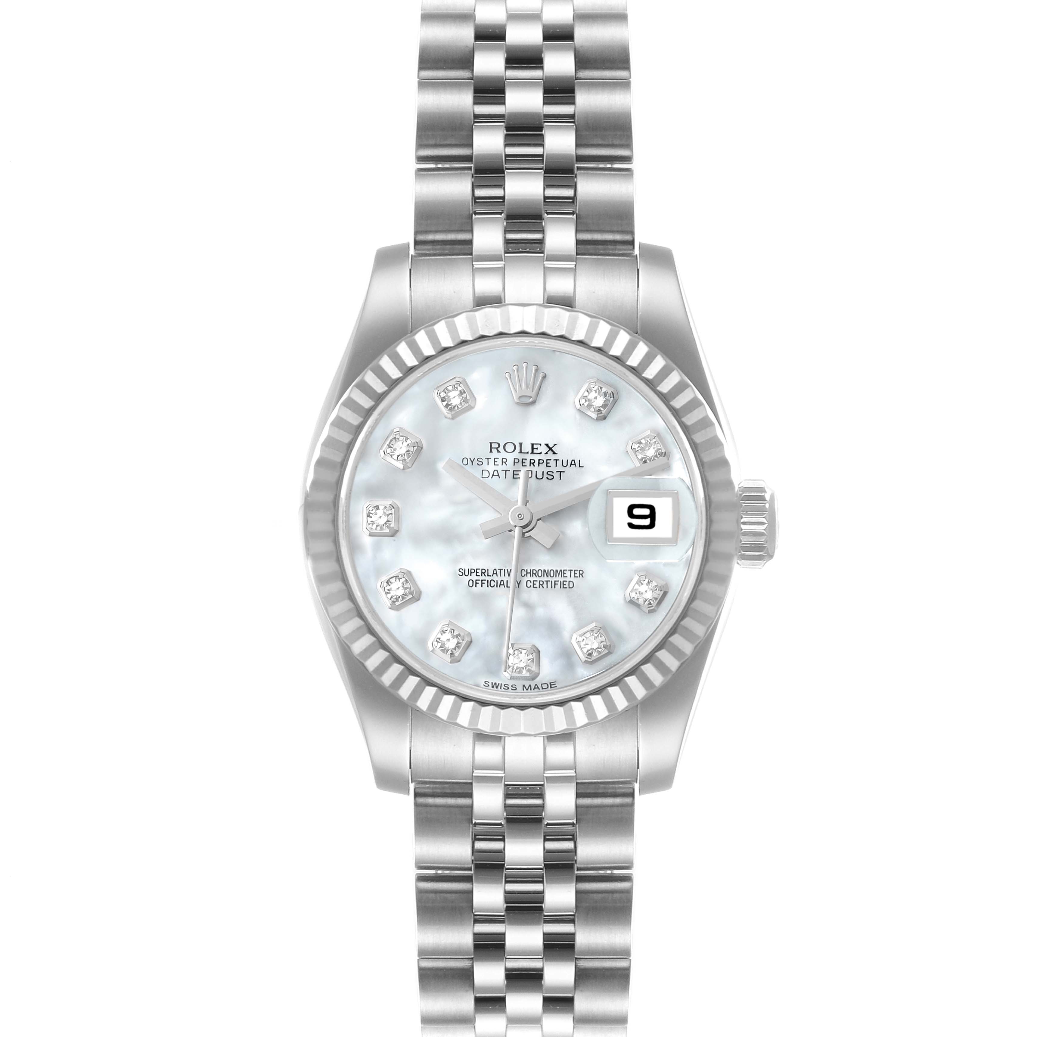 This image shows a front view of a Rolex Datejust 179174 Women's Stainless Steel Mother of Pearl Dial 179174 Women's Stainless Steel Mother of Pearl Dial watch, highlighting the dial, hands, date window, and bracelet.